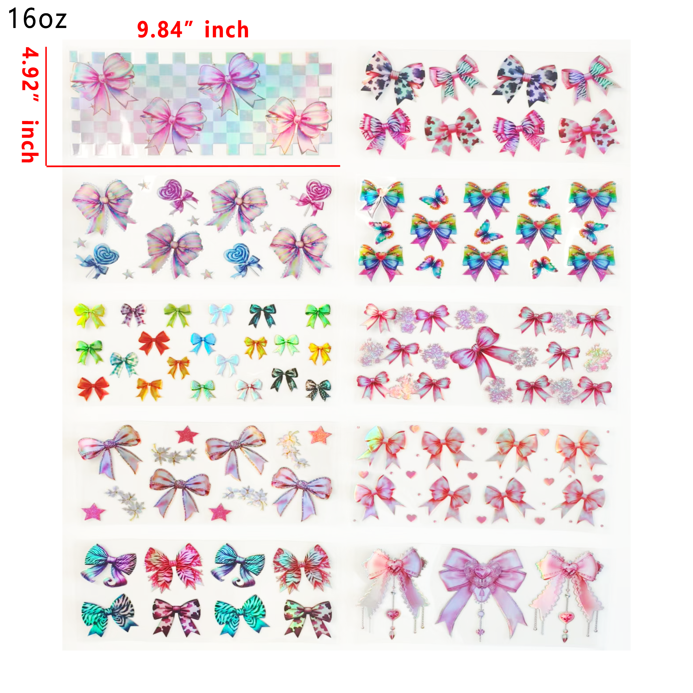 Holographic 10pcs bow UV DTF Cup Wraps for 16OZ tumblers Waterproof Acrylic Wraps for Cups Glasses &Smooth Objects Vivid Colors Strong Adhesion CustomizableStickers Decal Sticker Art Crafts Kit