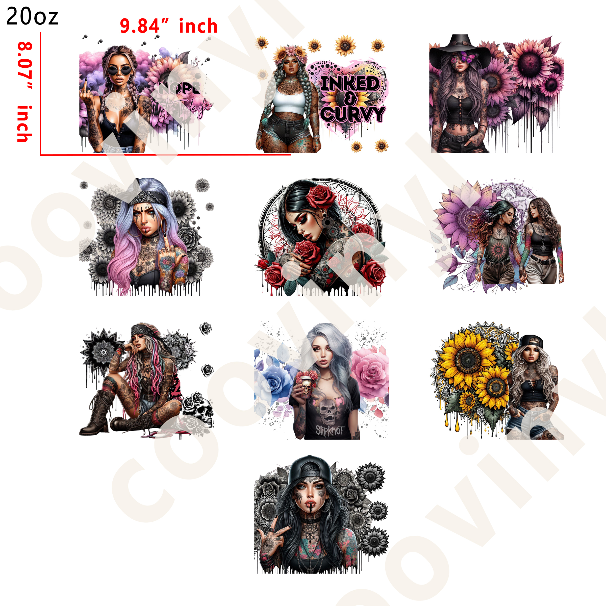 (M65) 20pcs tatoo girl 20OZ Tumbler Cup Wraps, Waterproof Fade-Resistant Decal Stickers, Vivid HD Print with Strong Adhesion, Customizable Transfers for Glass Cups, Mugs & Smooth Surfaces, DIY Art Craft Supplies
