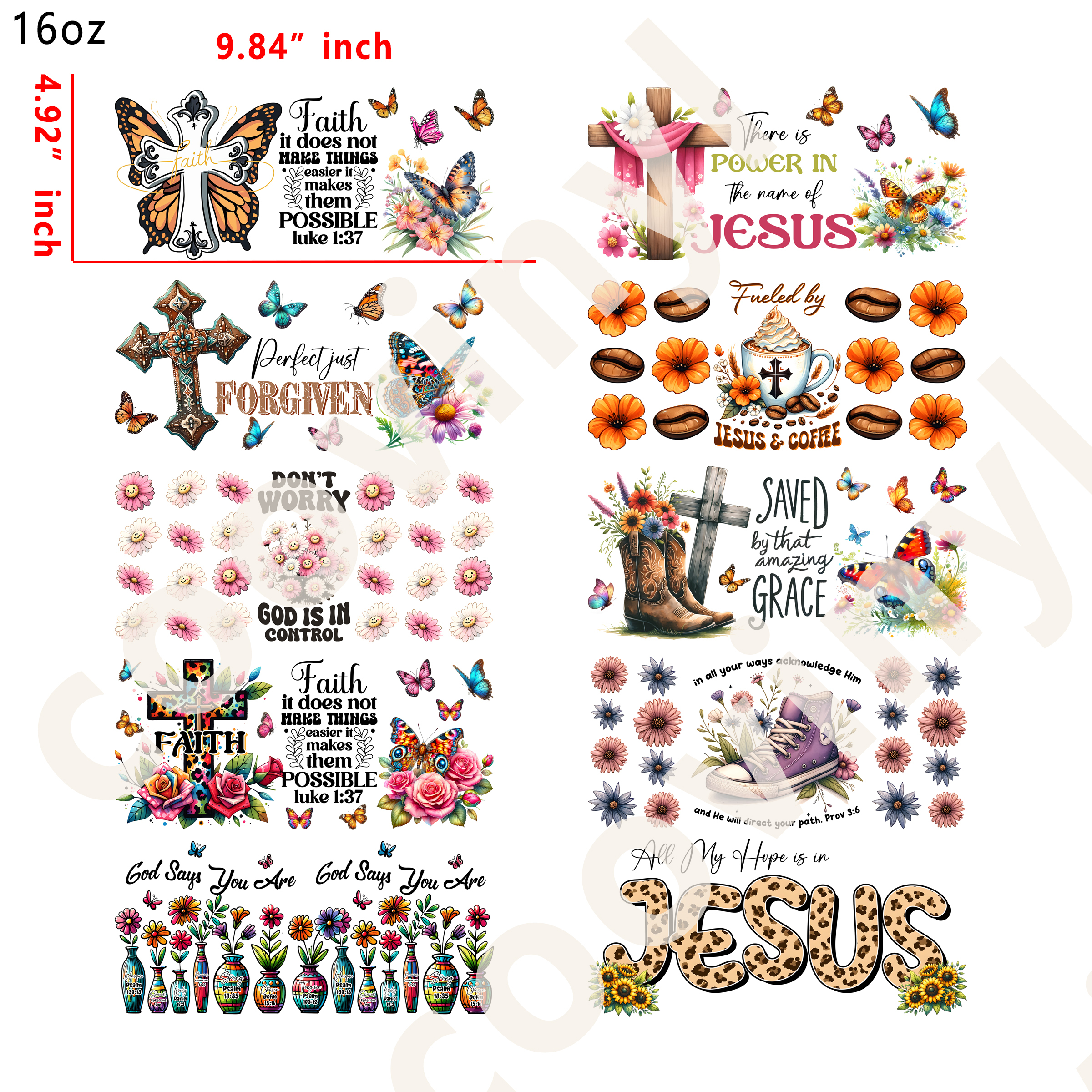 (U83) 20pcs faith 16OZ Tumbler Cup Wraps, Waterproof Fade-Resistant Decal Stickers, Vivid HD Print with Strong Adhesion, Customizable Transfers for Glass Cups, Mugs & Smooth Surfaces, DIY Art Craft Supplies