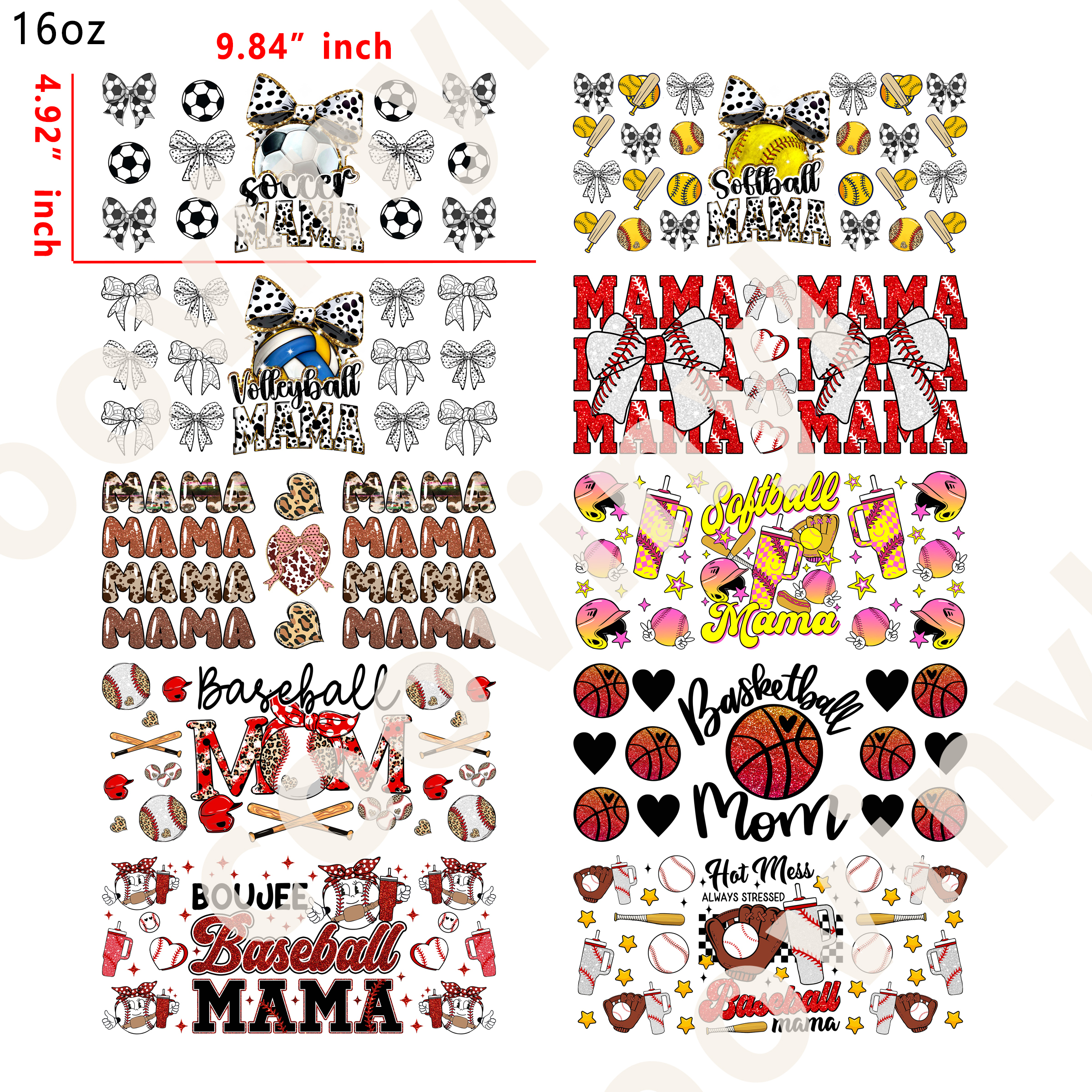 (X2) 20pcs sports mom 16OZ Tumbler Cup Wraps, Waterproof Fade-Resistant Decal Stickers, Vivid HD Print with Strong Adhesion, Customizable Transfers for Glass Cups, Mugs & Smooth Surfaces, DIY Art Craft Supplies