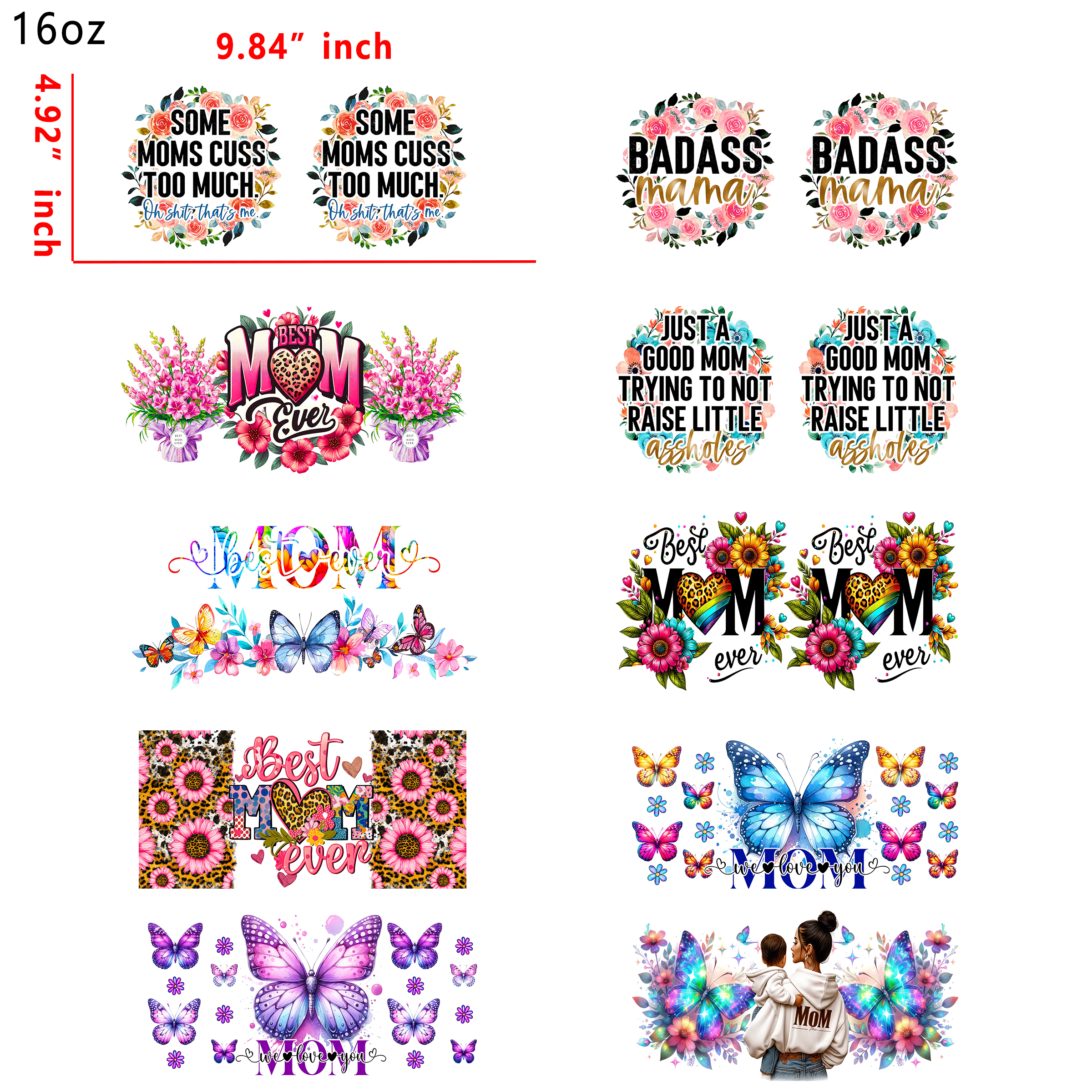 (L45) 10pcs mama 16OZ Tumbler Cup Wraps, Waterproof Fade-Resistant Decal Stickers, Vivid HD Print with Strong Adhesion, Customizable Transfers for Glass Cups, Mugs & Smooth Surfaces, DIY Art Craft Supplies