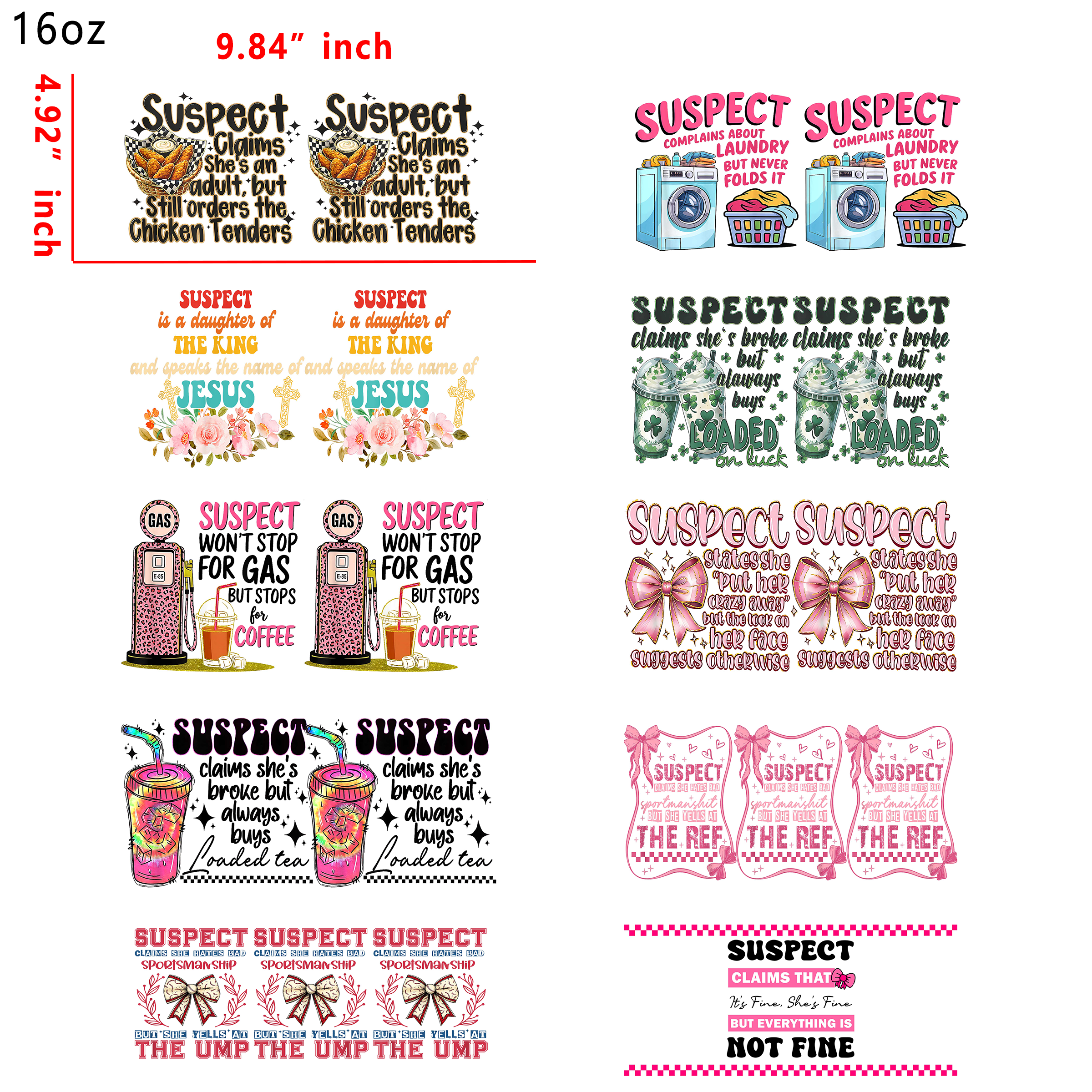 (M22) 10pcs suspect 16OZ Tumbler Cup Wraps, Waterproof Fade-Resistant Decal Stickers, Vivid HD Print with Strong Adhesion, Customizable Transfers for Glass Cups, Mugs & Smooth Surfaces, DIY Art Craft Supplies