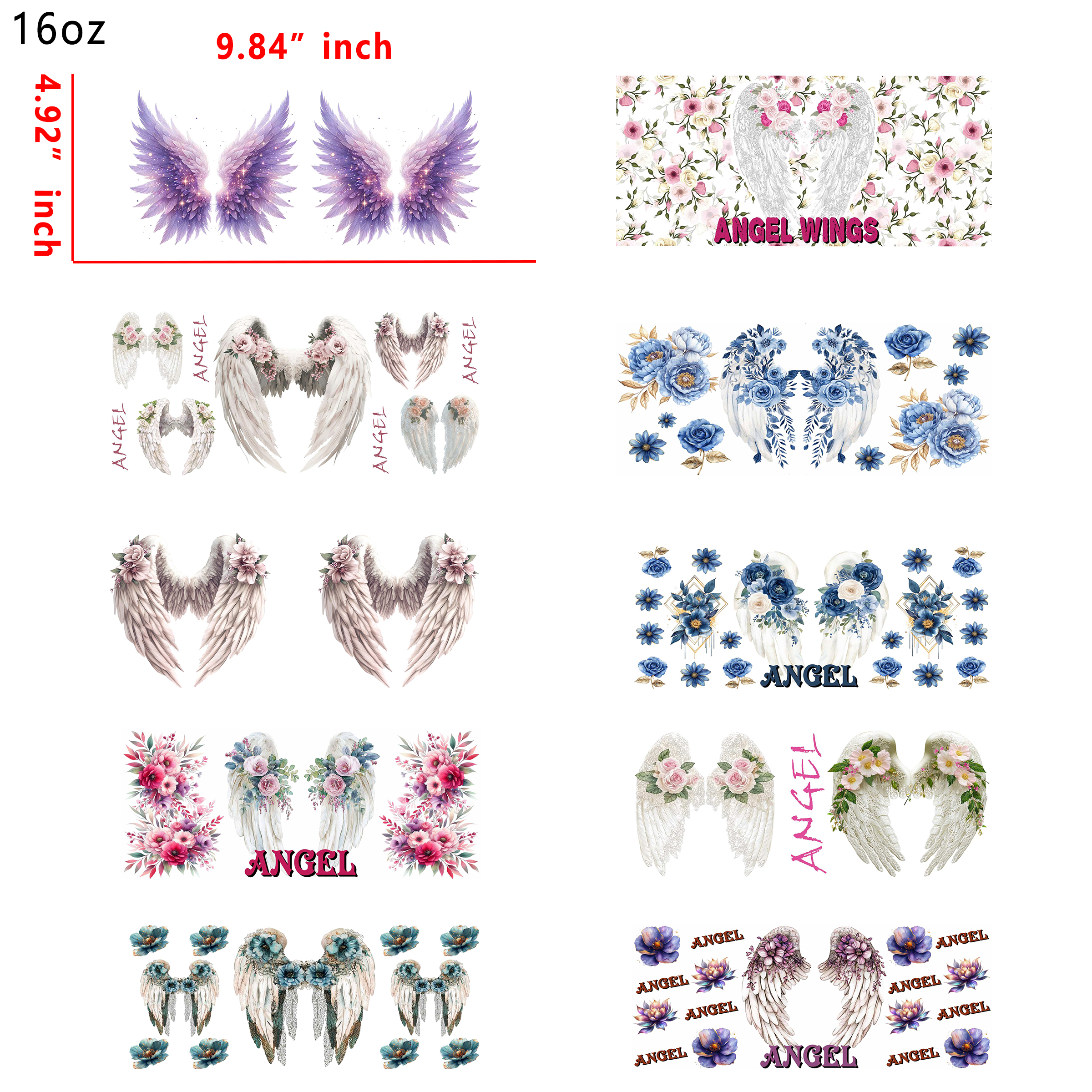 (T57) 20pcs angle wings 16OZ Tumbler Cup Wraps, Waterproof Fade-Resistant Decal Stickers, Vivid HD Print with Strong Adhesion, Customizable Transfers for Glass Cups, Mugs & Smooth Surfaces, DIY Art Craft Supplies