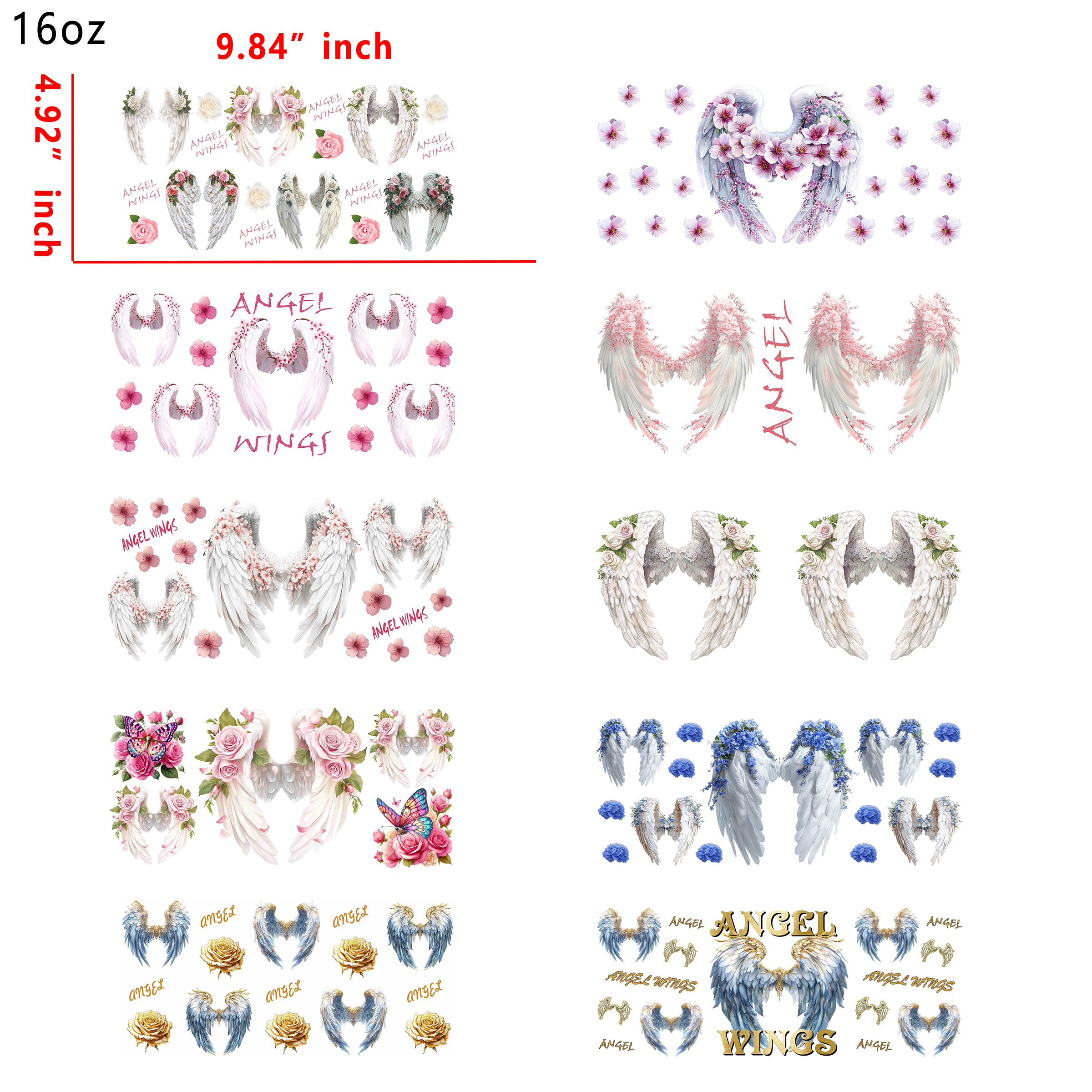 (T57) 20pcs angle wings 16OZ Tumbler Cup Wraps, Waterproof Fade-Resistant Decal Stickers, Vivid HD Print with Strong Adhesion, Customizable Transfers for Glass Cups, Mugs & Smooth Surfaces, DIY Art Craft Supplies
