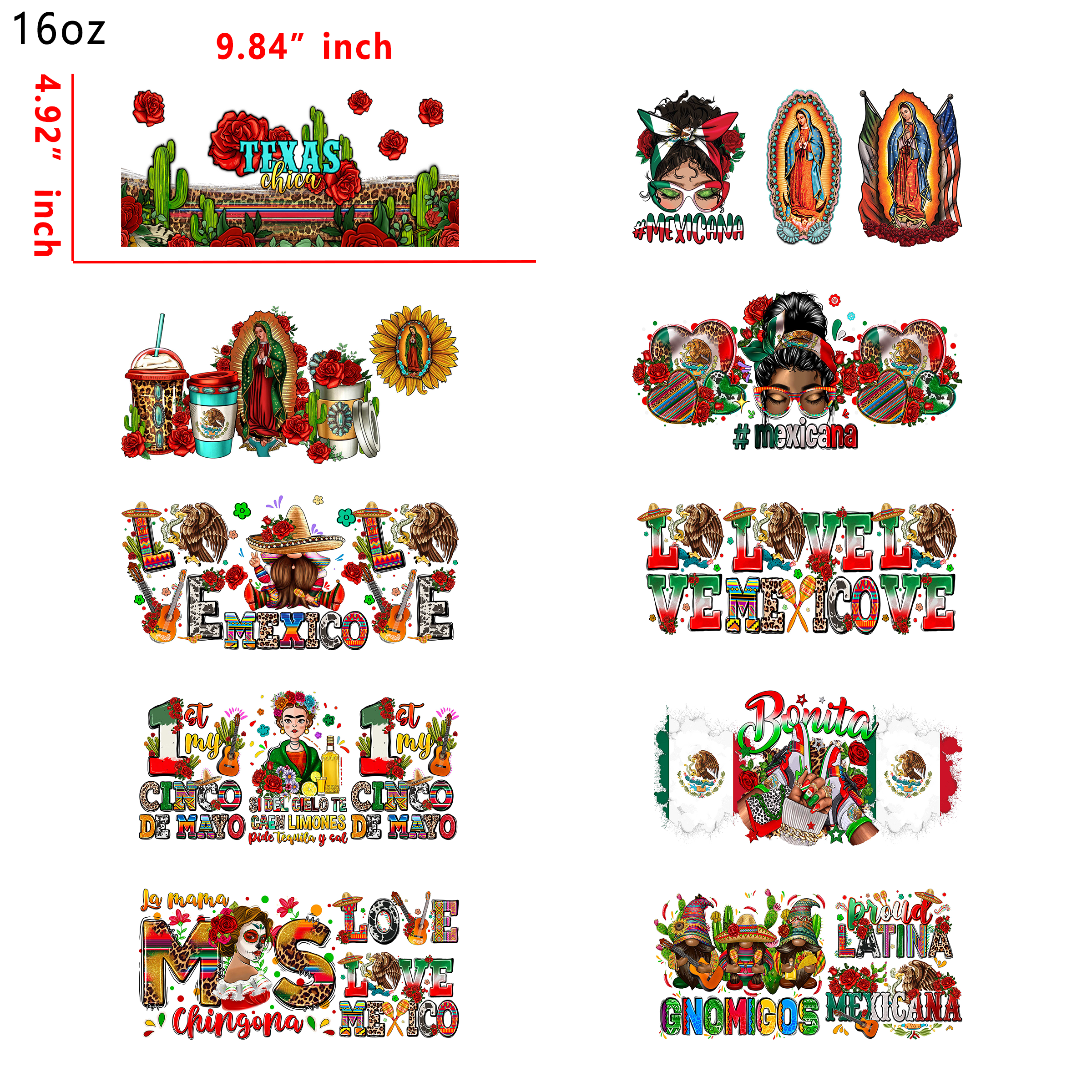 (U48) 20pcs mexican 16OZ Tumbler Cup Wraps, Waterproof Fade-Resistant Decal Stickers, Vivid HD Print with Strong Adhesion, Customizable Transfers for Glass Cups, Mugs & Smooth Surfaces, DIY Art Craft Supplies
