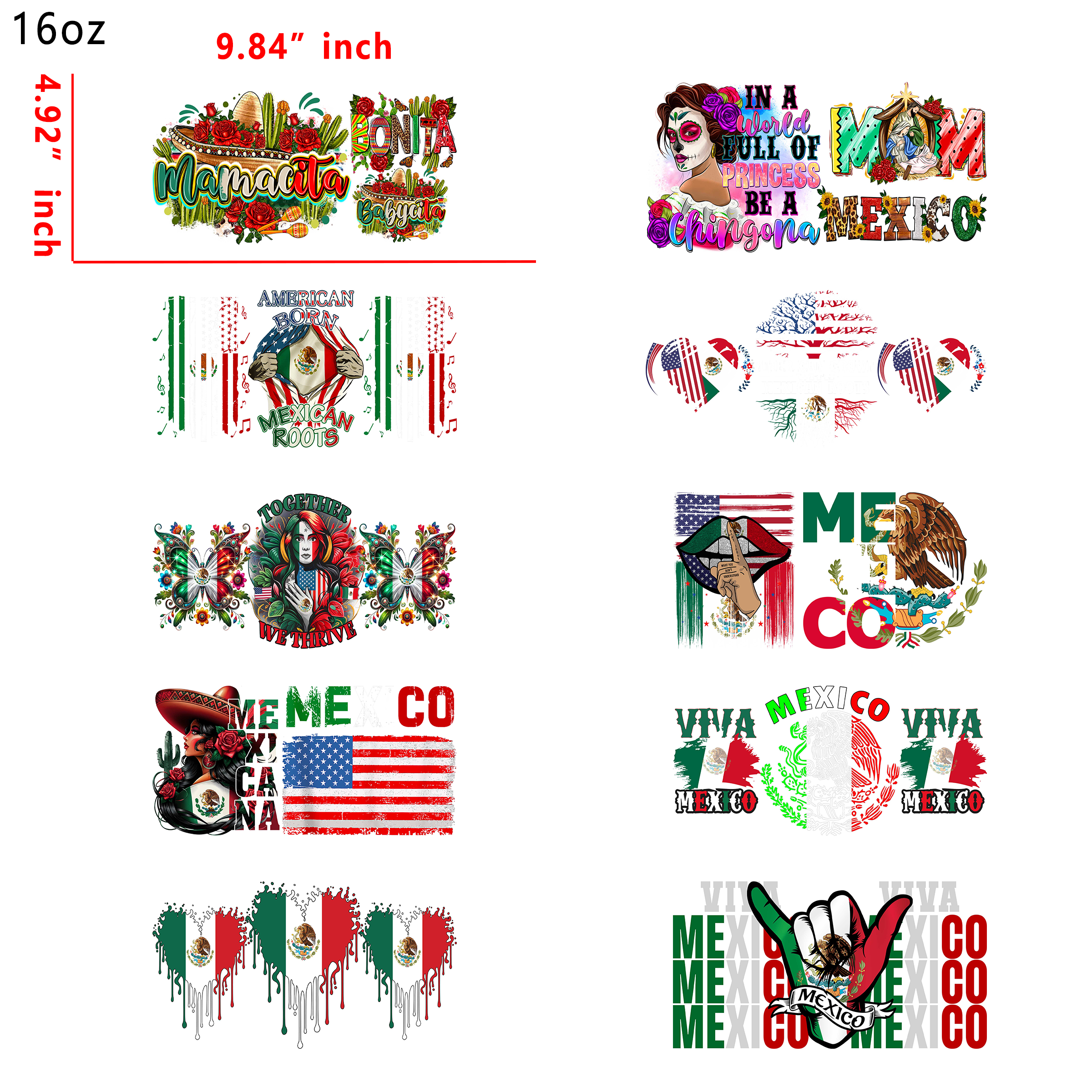 (U48) 20pcs mexican 16OZ Tumbler Cup Wraps, Waterproof Fade-Resistant Decal Stickers, Vivid HD Print with Strong Adhesion, Customizable Transfers for Glass Cups, Mugs & Smooth Surfaces, DIY Art Craft Supplies