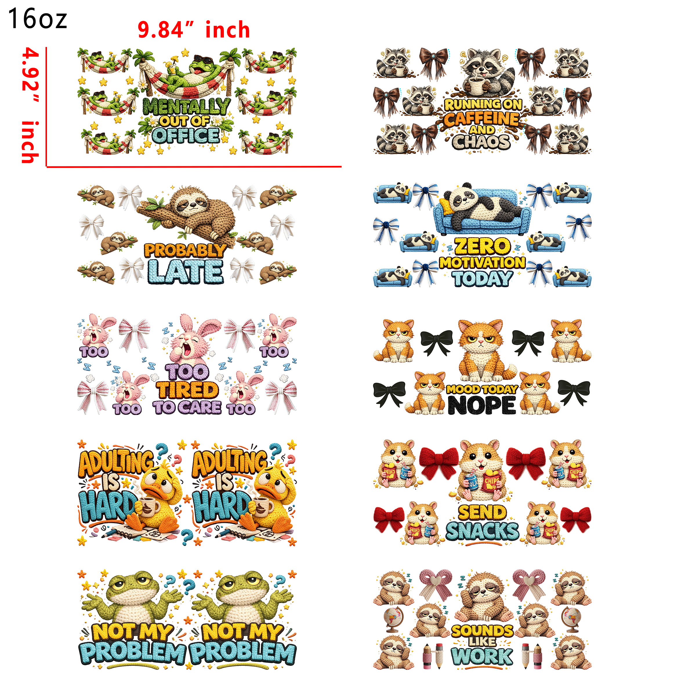 (X5) 20pcs Satirical Animals 16OZ Tumbler Cup Wraps, Waterproof Fade-Resistant Decal Stickers, Vivid HD Print with Strong Adhesion, Customizable Transfers for Glass Cups, Mugs & Smooth Surfaces, DIY Art Craft Supplies