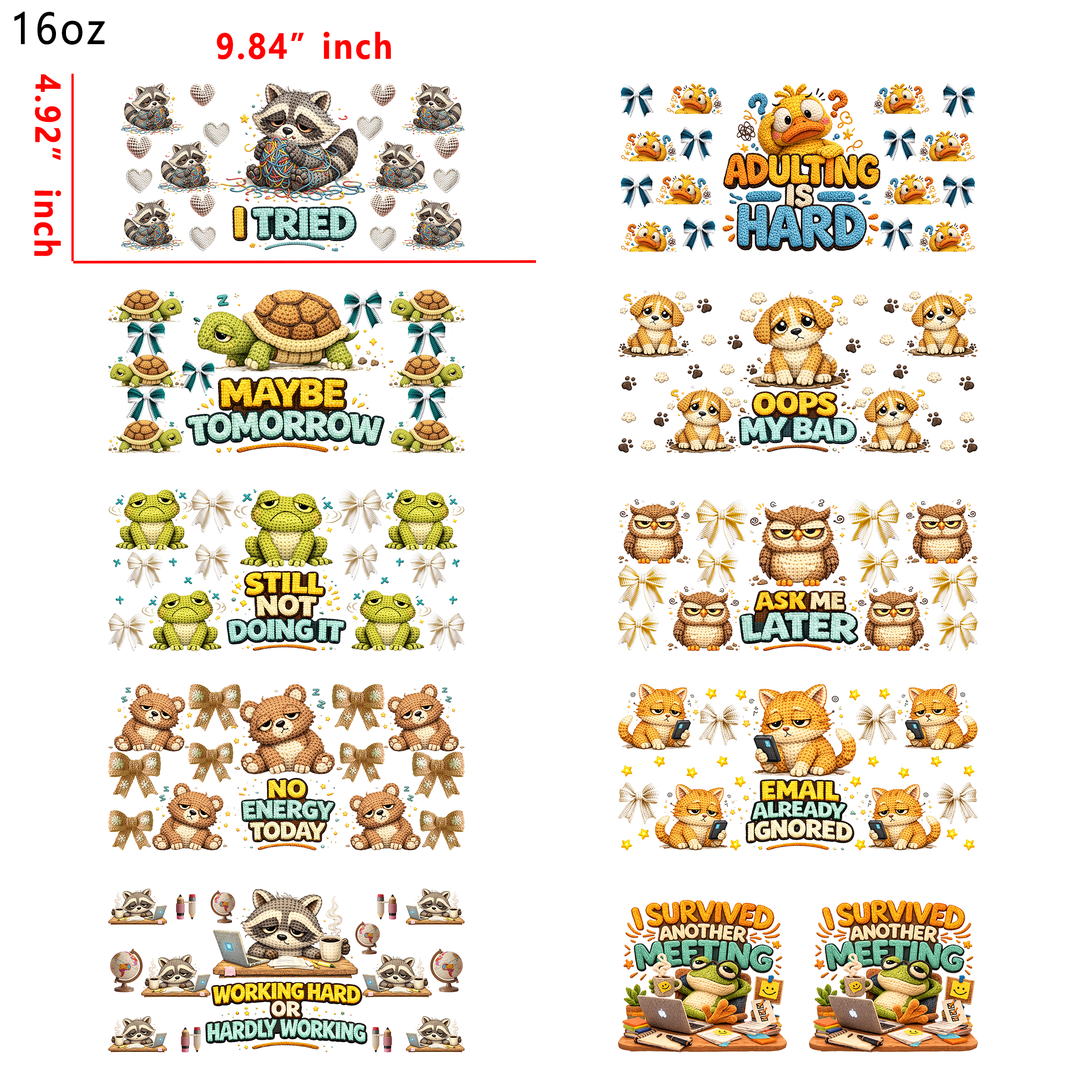 (X5) 20pcs Satirical Animals 16OZ Tumbler Cup Wraps, Waterproof Fade-Resistant Decal Stickers, Vivid HD Print with Strong Adhesion, Customizable Transfers for Glass Cups, Mugs & Smooth Surfaces, DIY Art Craft Supplies