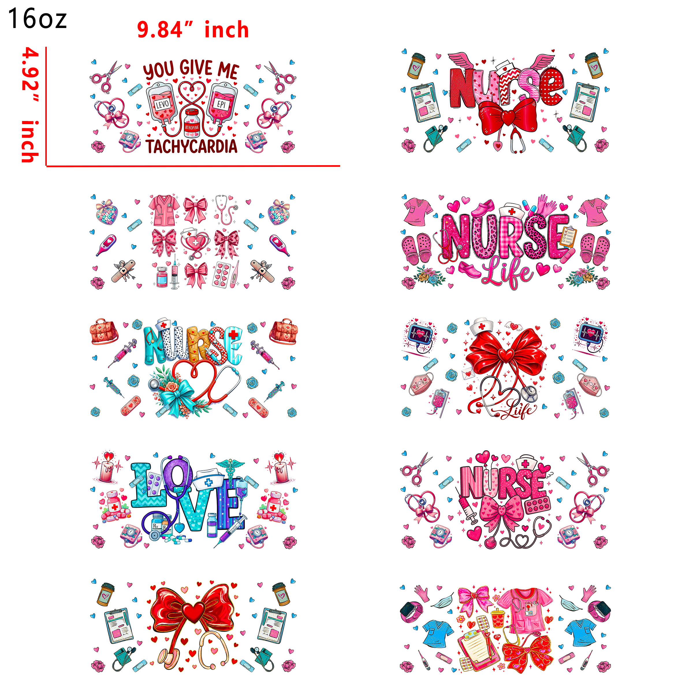 (M33) 10pcs nurse 16OZ Tumbler Cup Wraps, Waterproof Fade-Resistant Decal Stickers, Vivid HD Print with Strong Adhesion, Customizable Transfers for Glass Cups, Mugs & Smooth Surfaces, DIY Art Craft Supplies