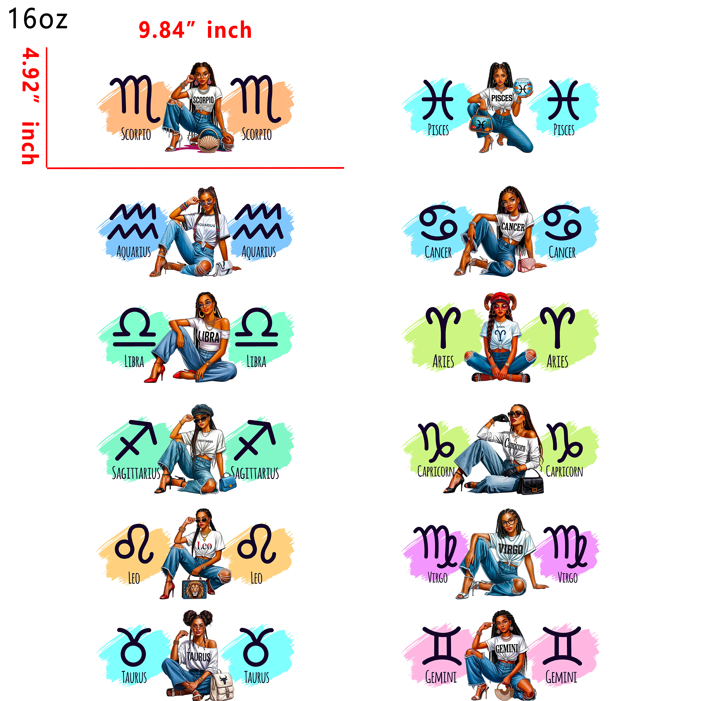 (M83) 12pcs zodiac girl 16OZ Tumbler Cup Wraps, Waterproof Fade-Resistant Decal Stickers, Vivid HD Print with Strong Adhesion, Customizable Transfers for Glass Cups, Mugs & Smooth Surfaces, DIY Art Craft Supplies