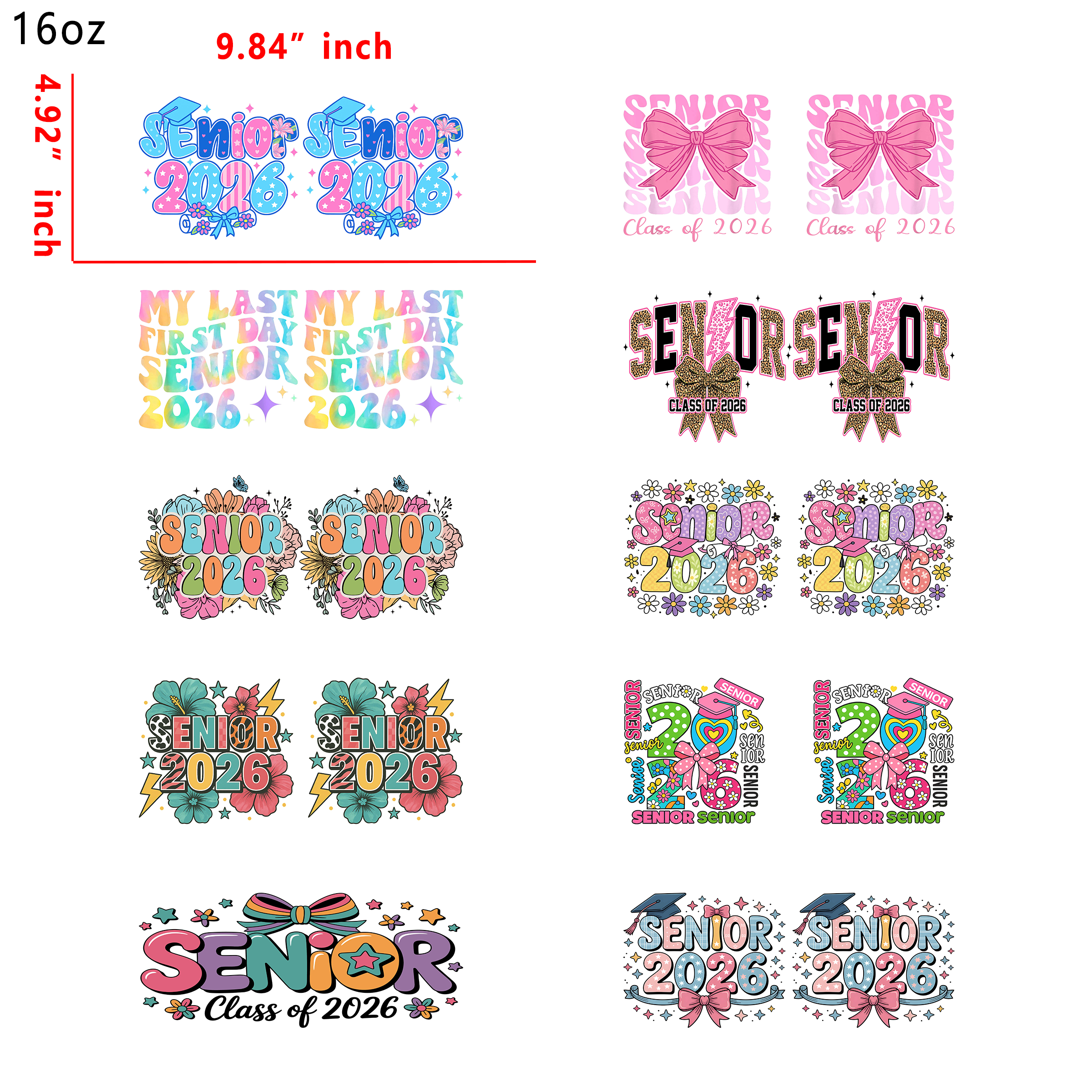 (T14) 20pcs senior2026 16OZ Tumbler Cup Wraps, Waterproof Fade-Resistant Decal Stickers, Vivid HD Print with Strong Adhesion, Customizable Transfers for Glass Cups, Mugs & Smooth Surfaces, DIY Art Craft Supplies