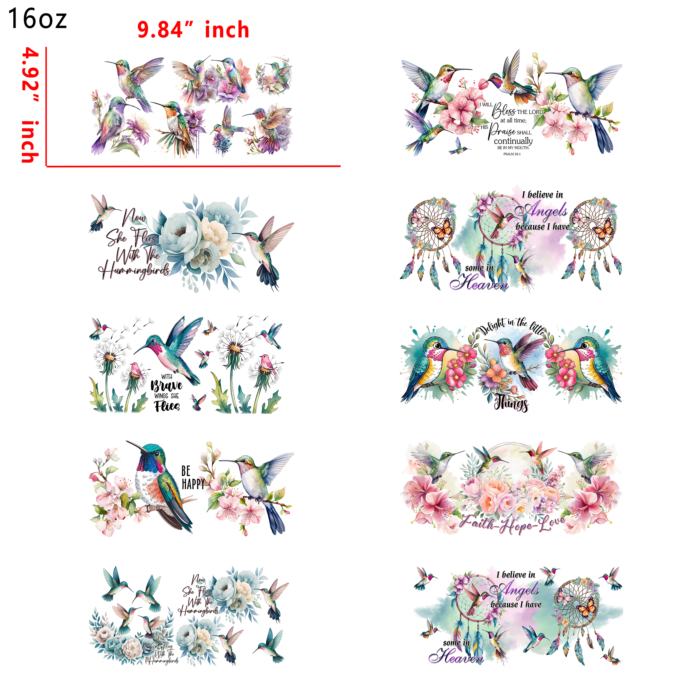 (T23) 20pcs humming bird 16OZ Tumbler Cup Wraps, Waterproof Fade-Resistant Decal Stickers, Vivid HD Print with Strong Adhesion, Customizable Transfers for Glass Cups, Mugs & Smooth Surfaces, DIY Art Craft Supplies