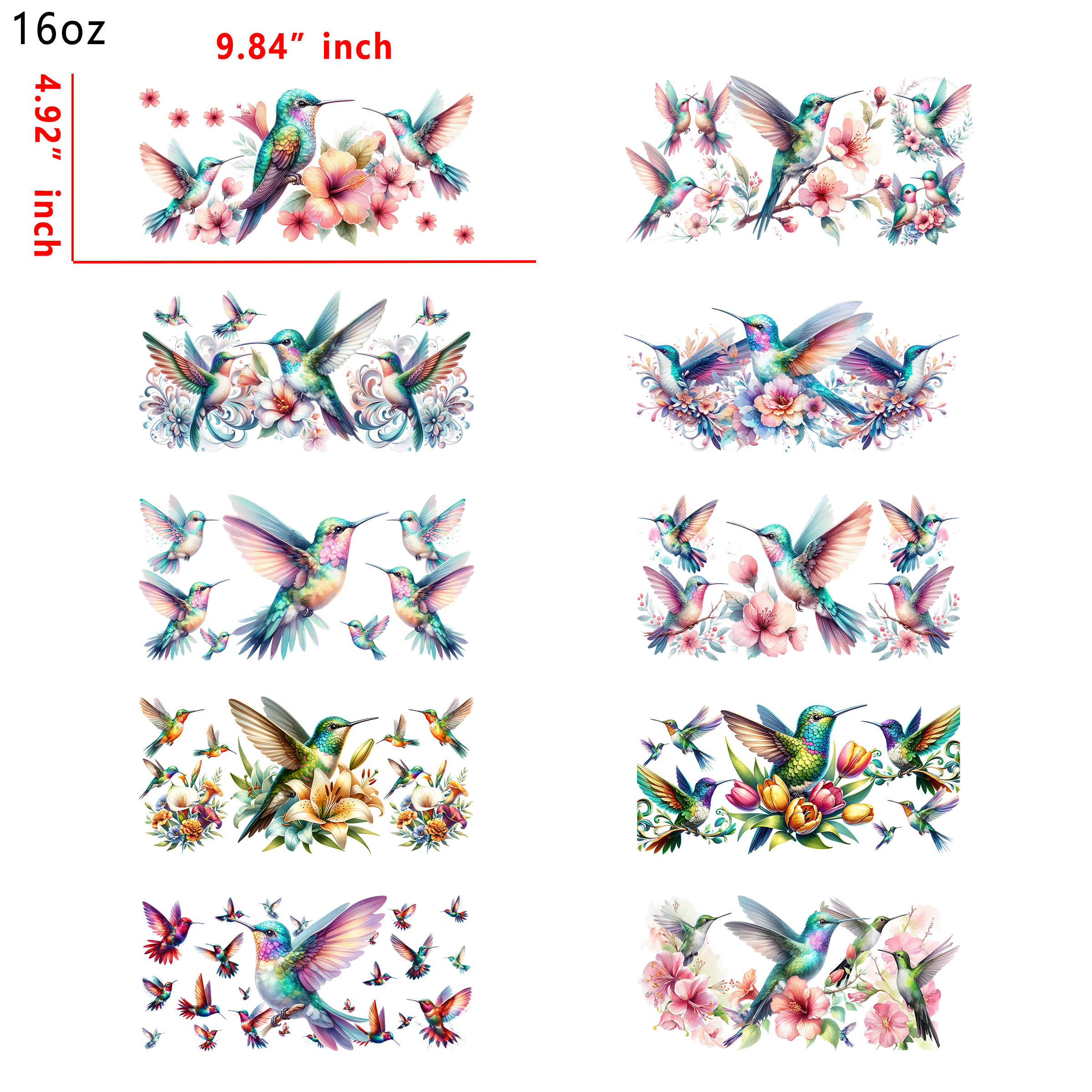 (T23) 20pcs humming bird 16OZ Tumbler Cup Wraps, Waterproof Fade-Resistant Decal Stickers, Vivid HD Print with Strong Adhesion, Customizable Transfers for Glass Cups, Mugs & Smooth Surfaces, DIY Art Craft Supplies