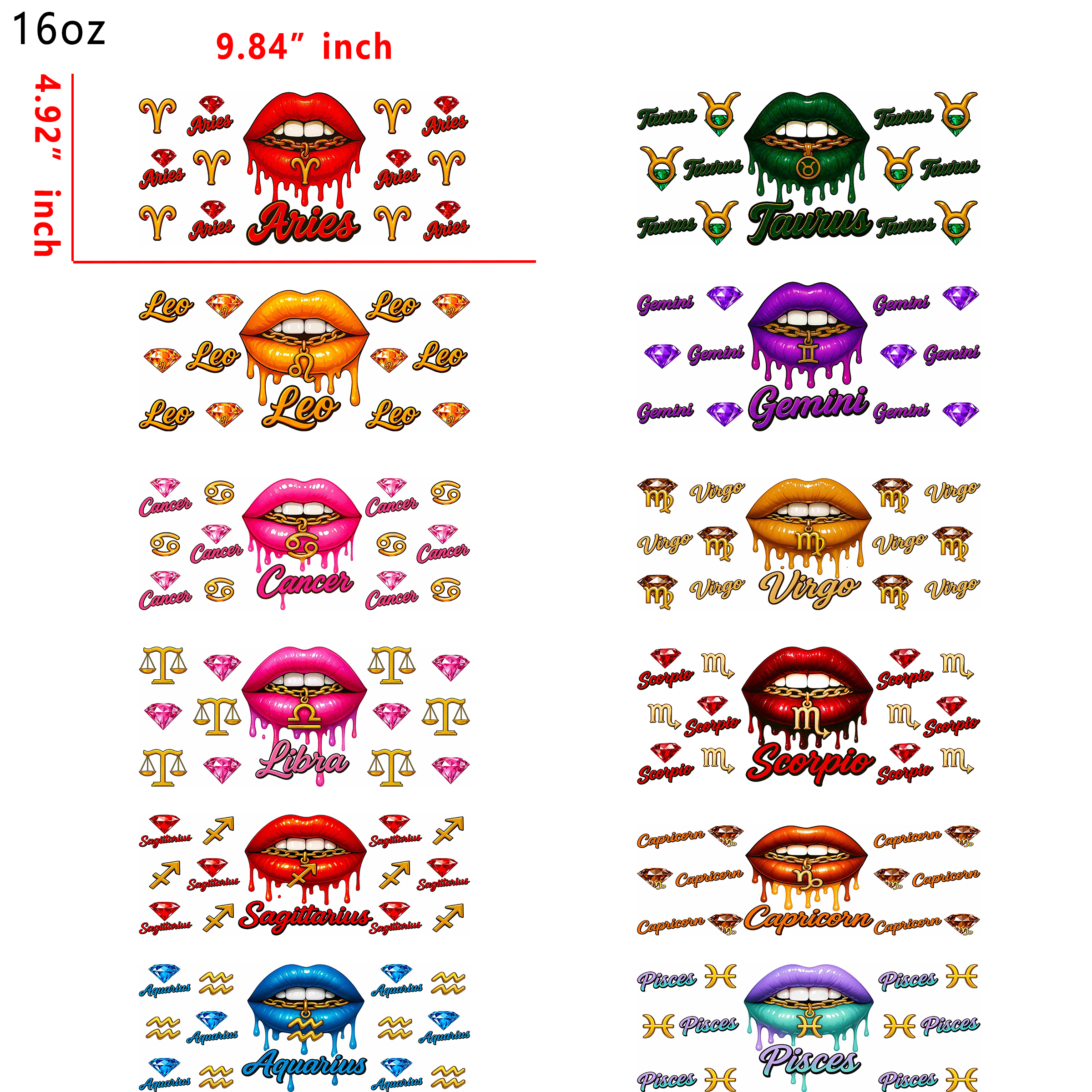 (T43) 10pcs lip zodiac signs 16OZ Tumbler Cup Wraps, Waterproof Fade-Resistant Decal Stickers, Vivid HD Print with Strong Adhesion, Customizable Transfers for Glass Cups, Mugs & Smooth Surfaces, DIY Art Craft Supplies