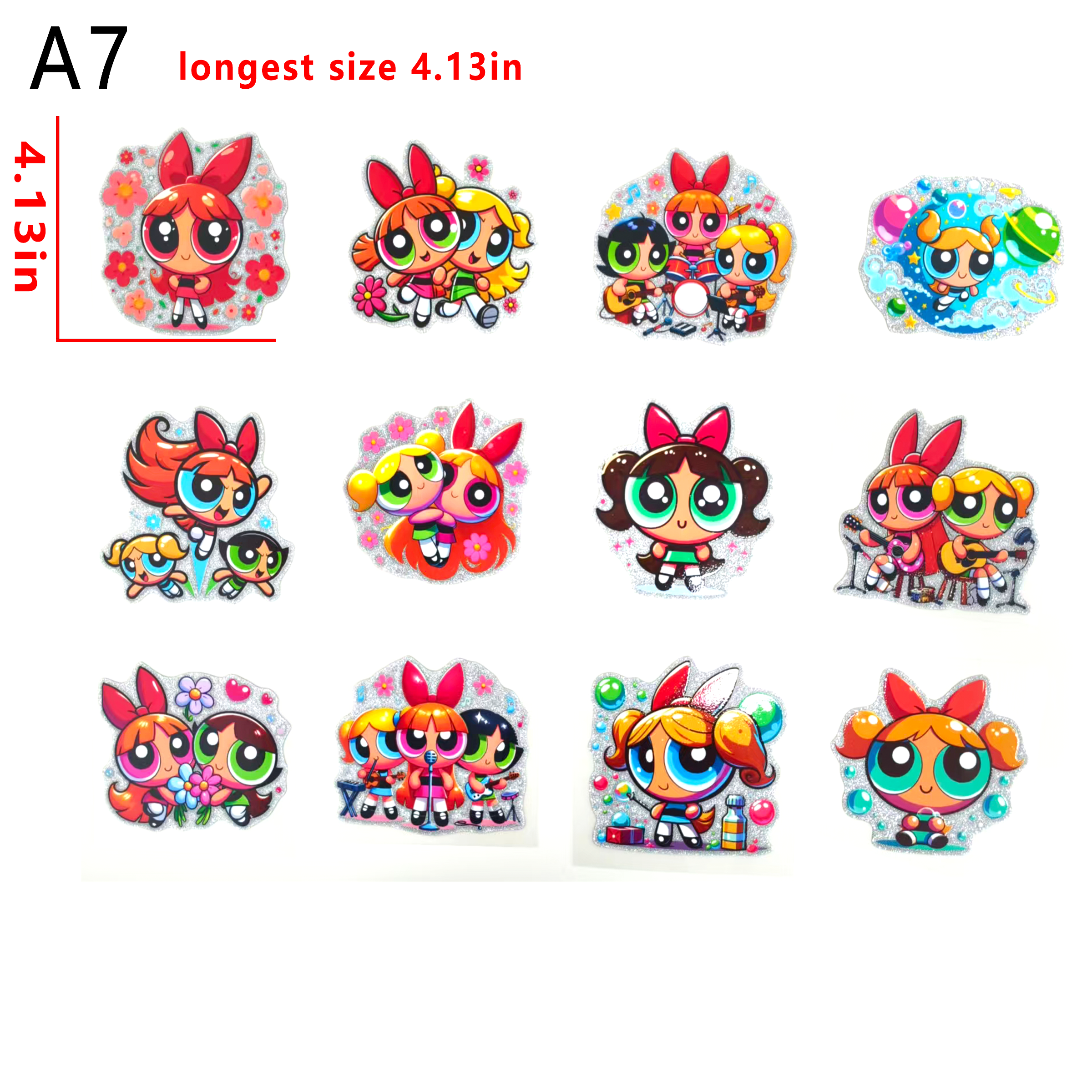 （G49) Glitter Sticker 12 PCS The Powerpuff Girls cup wraps 16OZ tumbler  Waterproof Customized Craft Sticker Adhesive Vinyl Decal Glitter Sticker DIY Kit Ready to Use Vivid Color Strong Stickiness