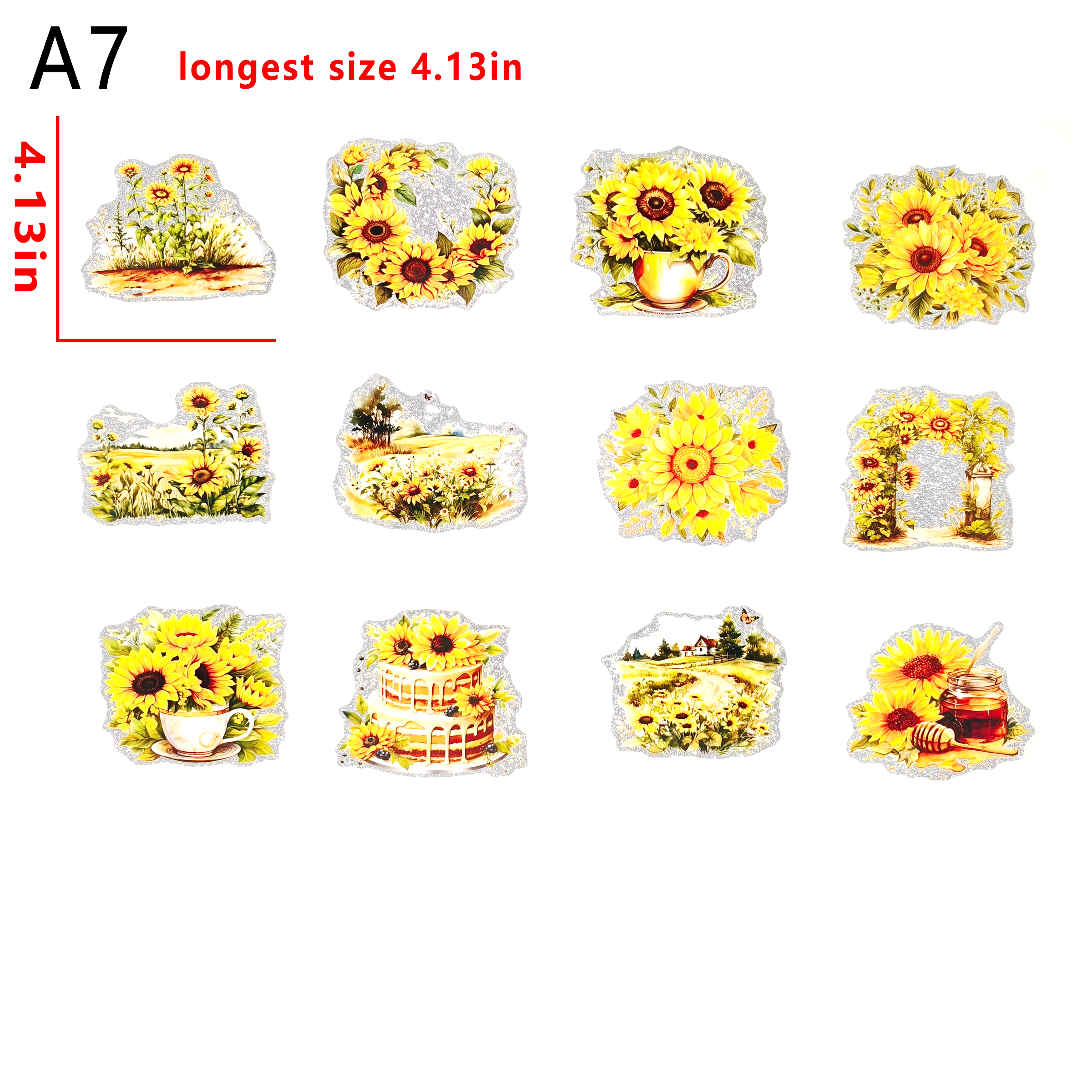 （G50) Glitter Sticker 12 PCS Sunflower cup wraps 16OZ tumbler  Waterproof Customized Craft Sticker Adhesive Vinyl Decal Glitter Sticker DIY Kit Ready to Use Vivid Color Strong Stickiness