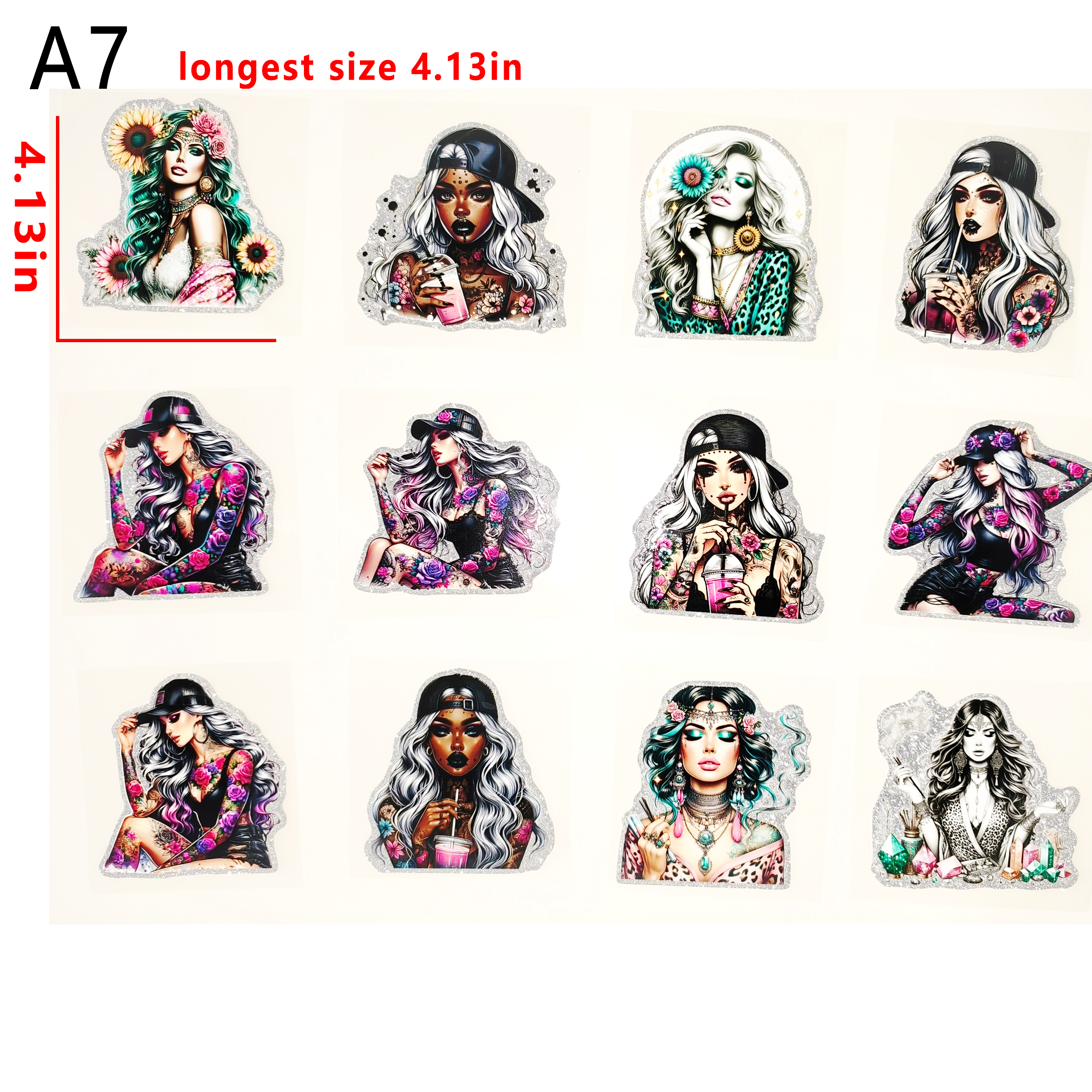 （G53) Glitter Sticker 12 PCS Tattooed Girl cup wraps 16OZ tumbler  Waterproof Customized Craft Sticker Adhesive Vinyl Decal Glitter Sticker DIY Kit Ready to Use Vivid Color Strong Stickiness