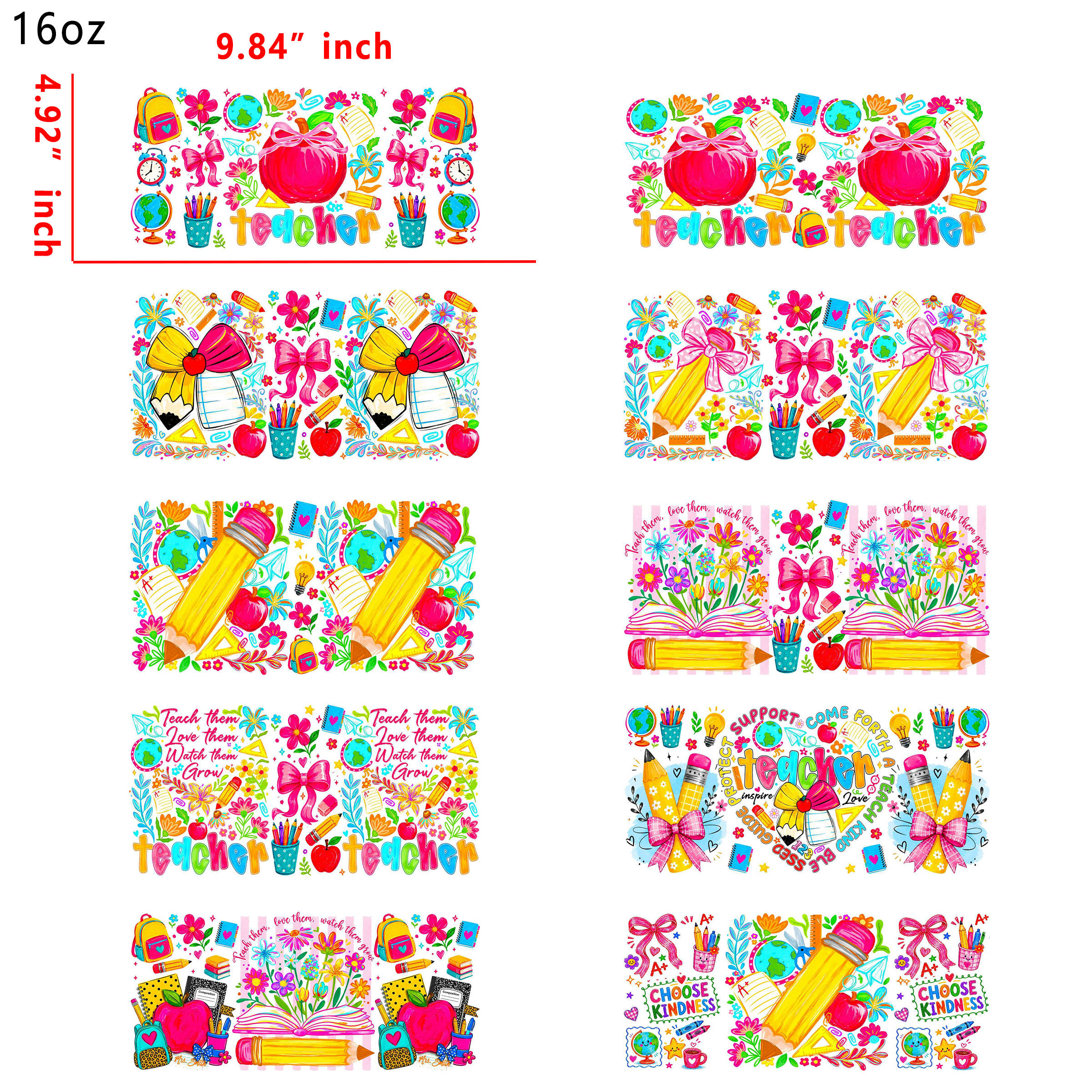 (K97) 10pcs teacher 16OZ Tumbler Cup Wraps, Waterproof Fade-Resistant Decal Stickers, Vivid HD Print with Strong Adhesion, Customizable Transfers for Glass Cups, Mugs & Smooth Surfaces, DIY Art Craft Supplies