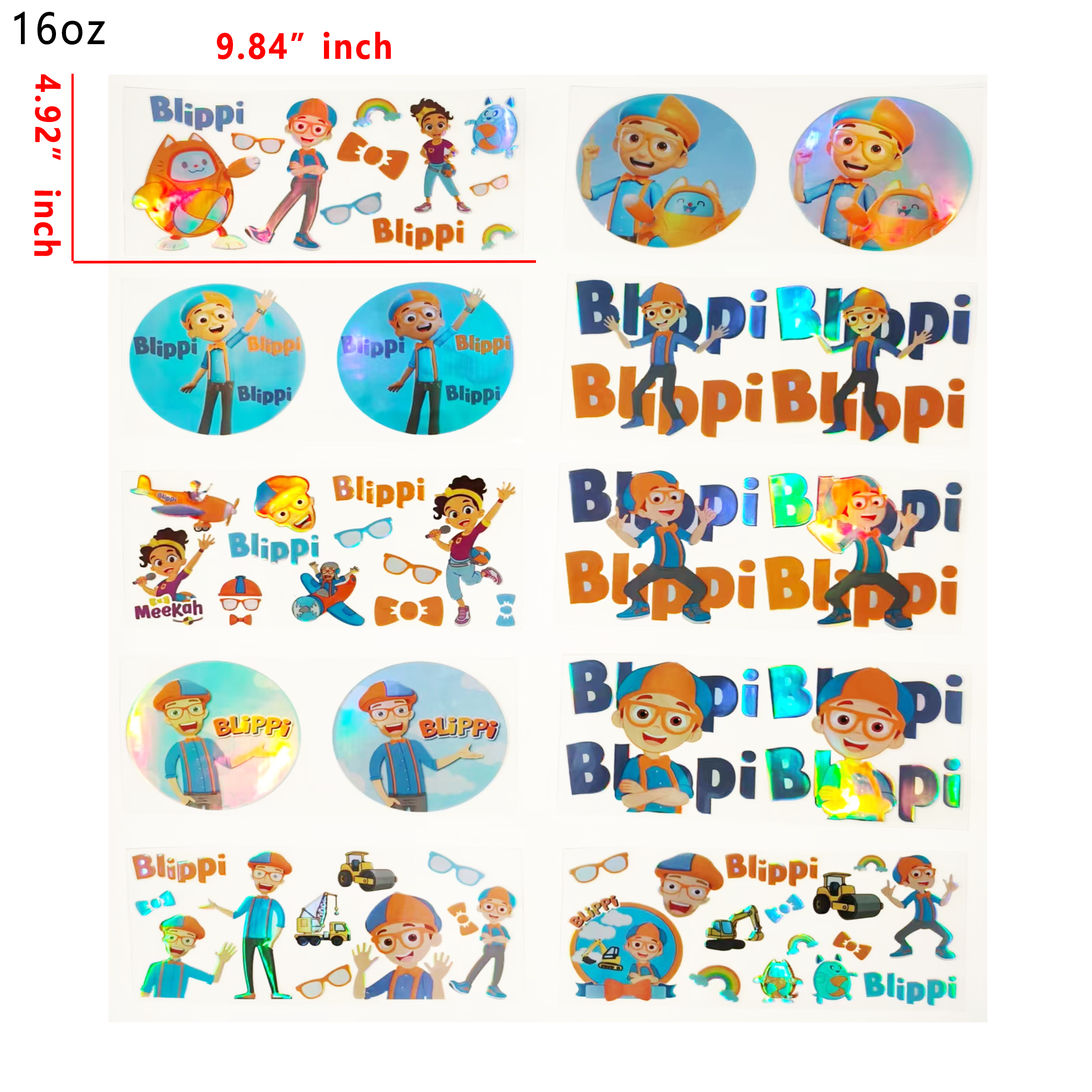 (J83) Holographic 10pcs blippi UV DTF Cup Wraps for 16OZ tumblers Waterproof Acrylic Wraps for Cups Glasses &Smooth Objects Vivid Colors Strong Adhesion CustomizableStickers Decal Sticker Art Crafts Kit