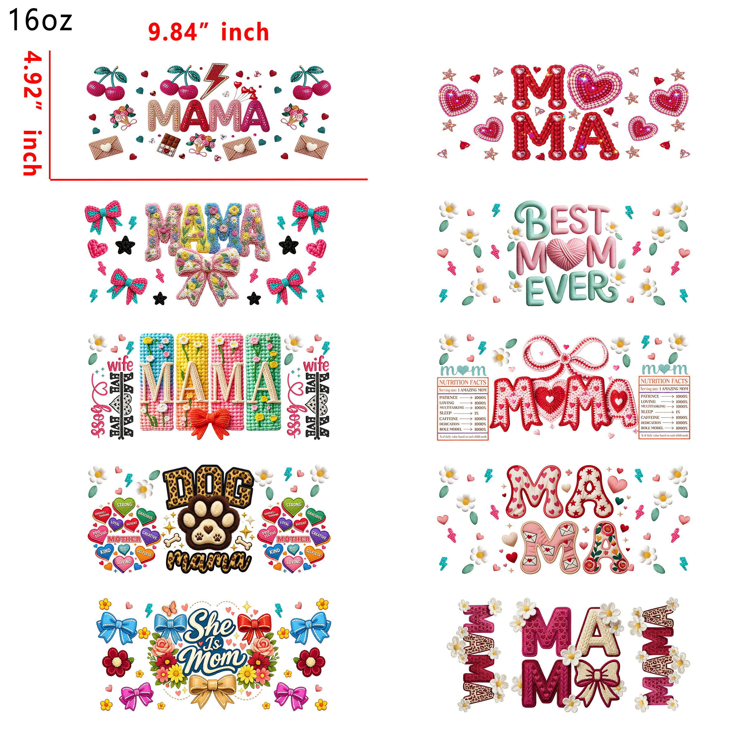 (L22) 10pcs mama 16OZ Tumbler Cup Wraps, Waterproof Fade-Resistant Decal Stickers, Vivid HD Print with Strong Adhesion, Customizable Transfers for Glass Cups, Mugs & Smooth Surfaces, DIY Art Craft Supplies