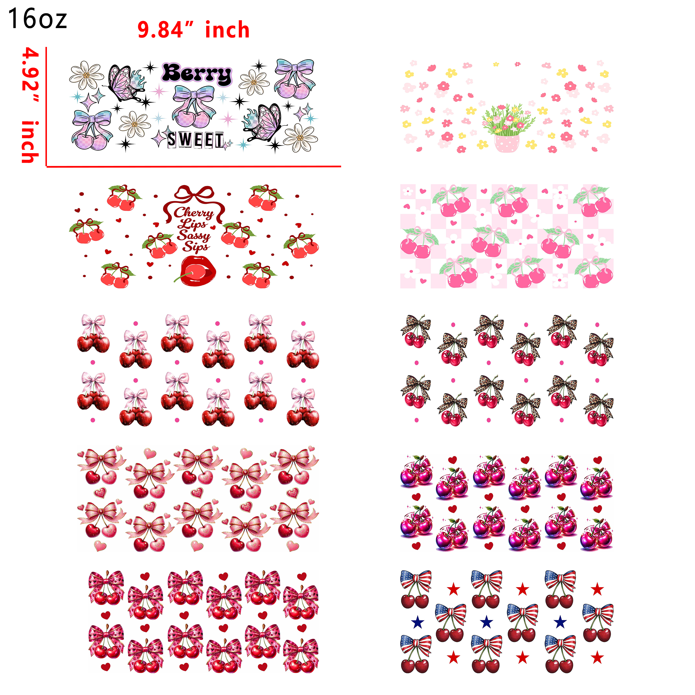 (T9) 10pcs cherry strawberry 16OZ Tumbler Cup Wraps, Waterproof Fade-Resistant Decal Stickers, Vivid HD Print with Strong Adhesion, Customizable Transfers for Glass Cups, Mugs & Smooth Surfaces, DIY Art Craft Supplies