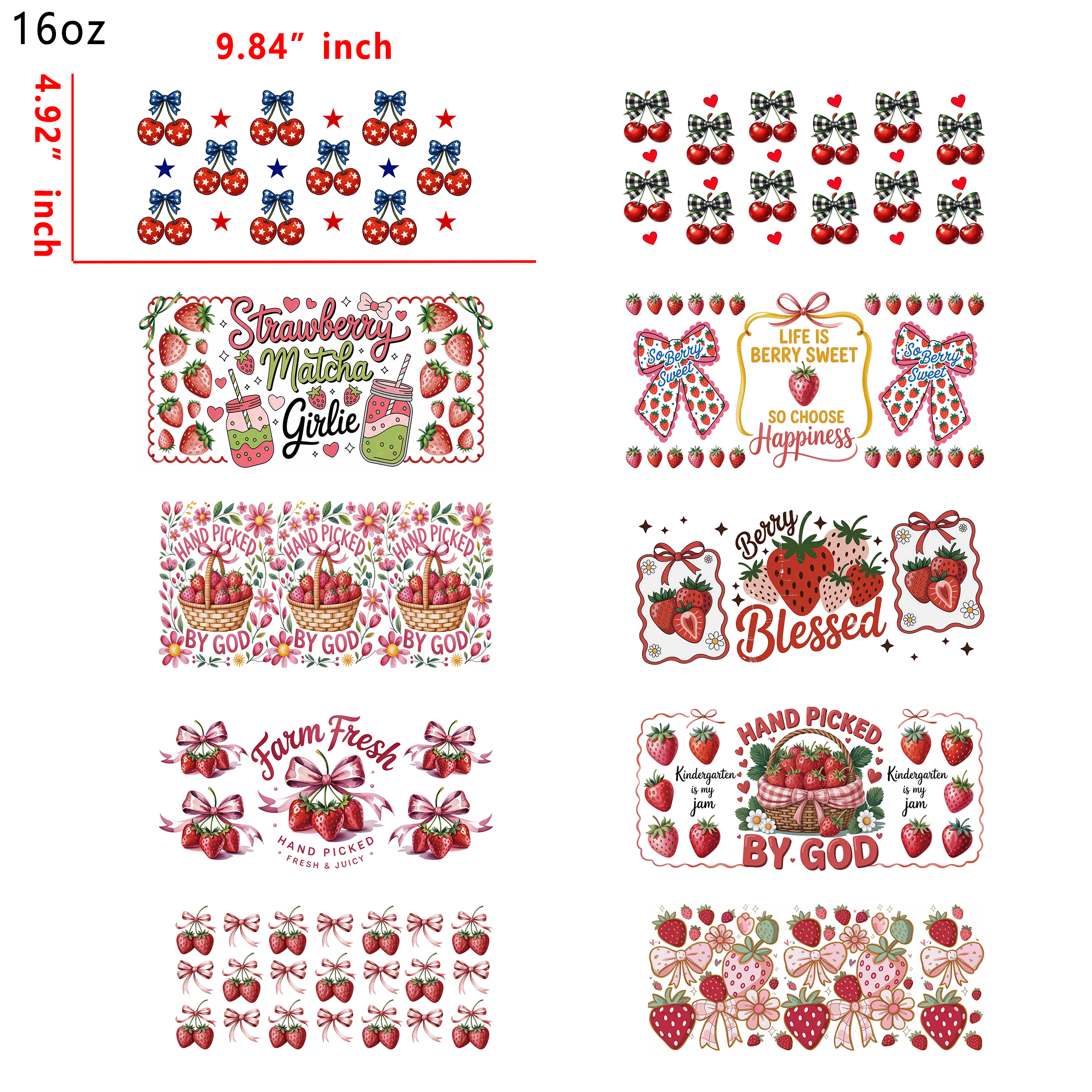 (T9) 10pcs cherry strawberry 16OZ Tumbler Cup Wraps, Waterproof Fade-Resistant Decal Stickers, Vivid HD Print with Strong Adhesion, Customizable Transfers for Glass Cups, Mugs & Smooth Surfaces, DIY Art Craft Supplies