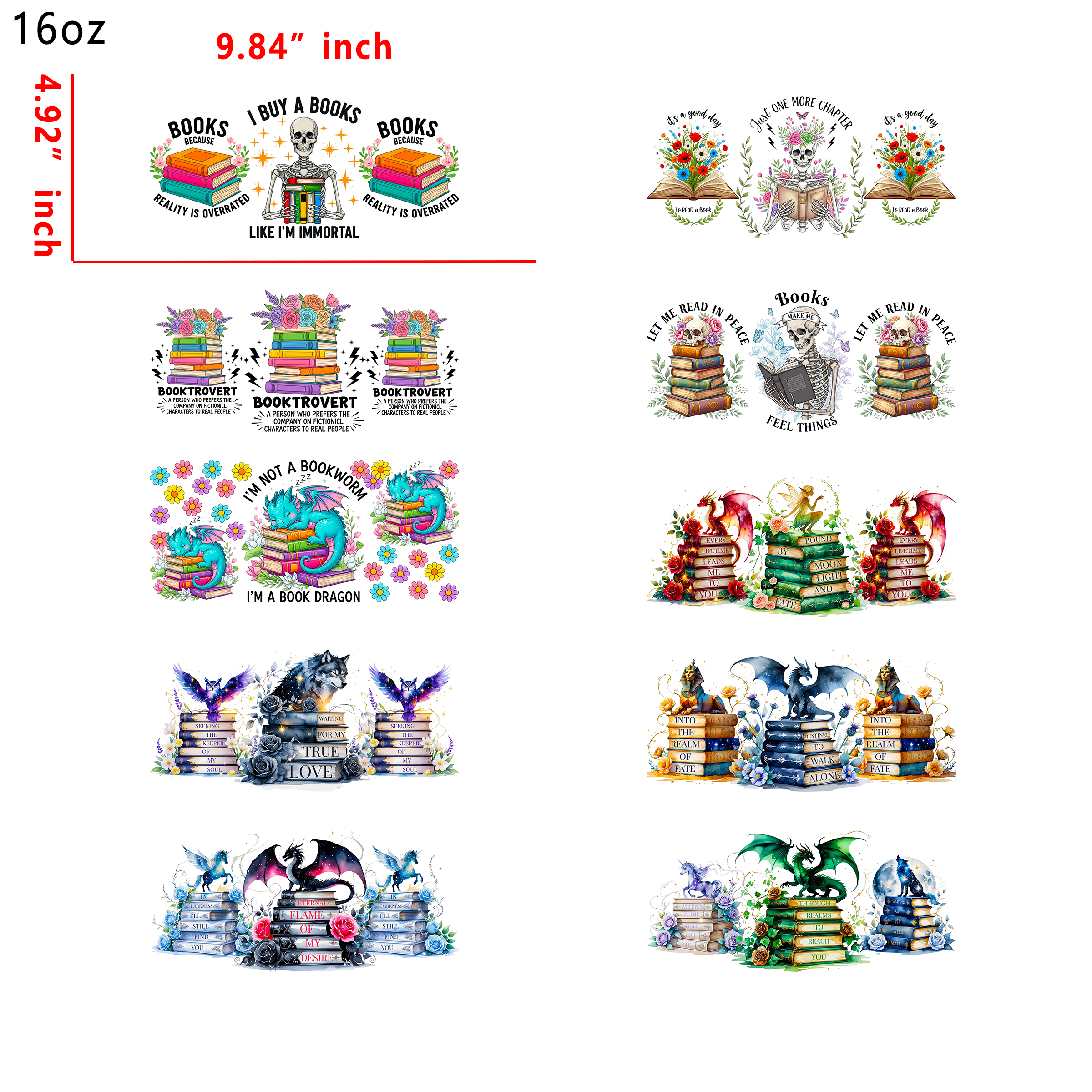 (K3) 10pcs book 16OZ Tumbler Cup Wraps, Waterproof Fade-Resistant Decal Stickers, Vivid HD Print with Strong Adhesion, Customizable Transfers for Glass Cups, Mugs & Smooth Surfaces, DIY Art Craft Supplies