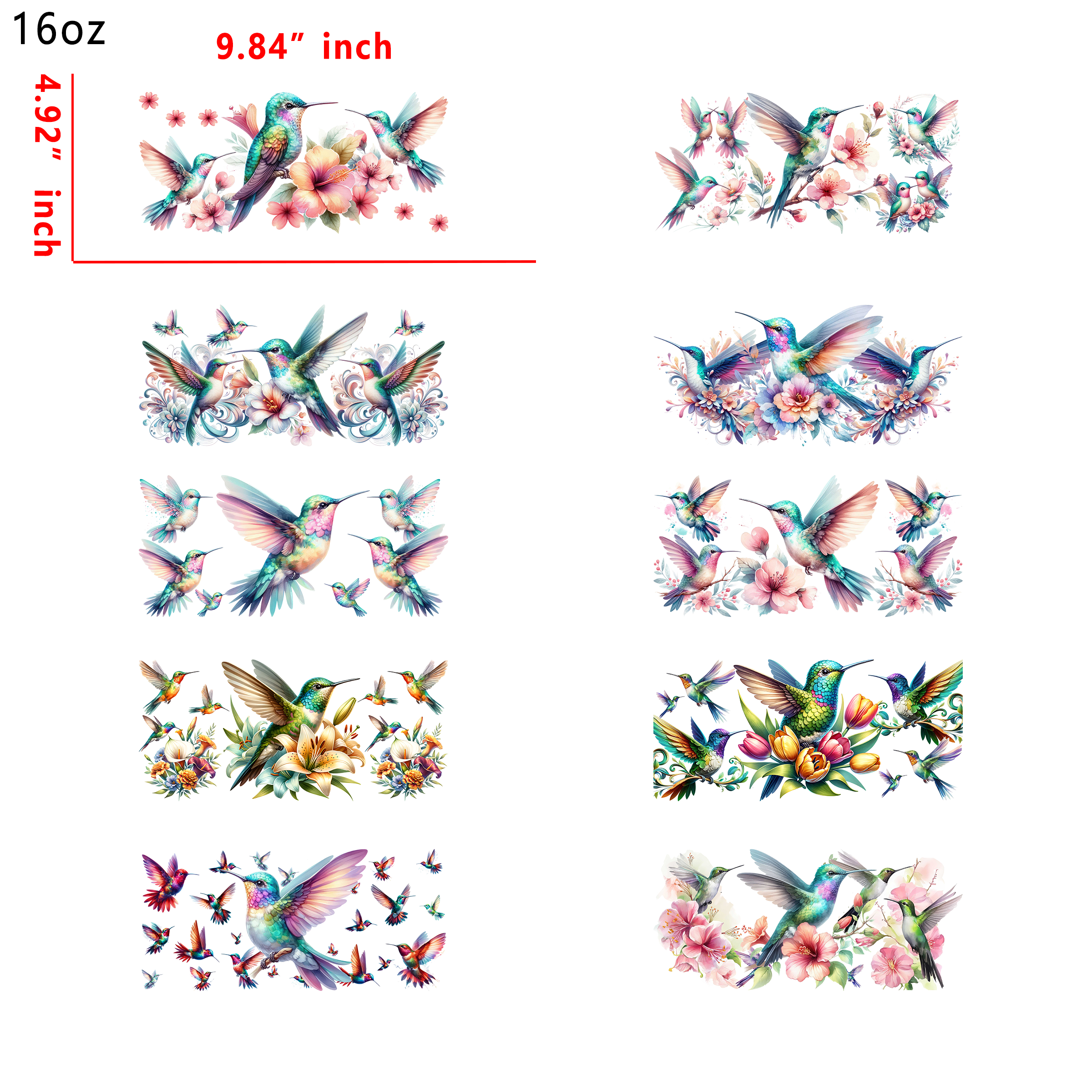 (K55) 10pcs humming bird 16OZ Tumbler Cup Wraps, Waterproof Fade-Resistant Decal Stickers, Vivid HD Print with Strong Adhesion, Customizable Transfers for Glass Cups, Mugs & Smooth Surfaces, DIY Art Craft Supplies