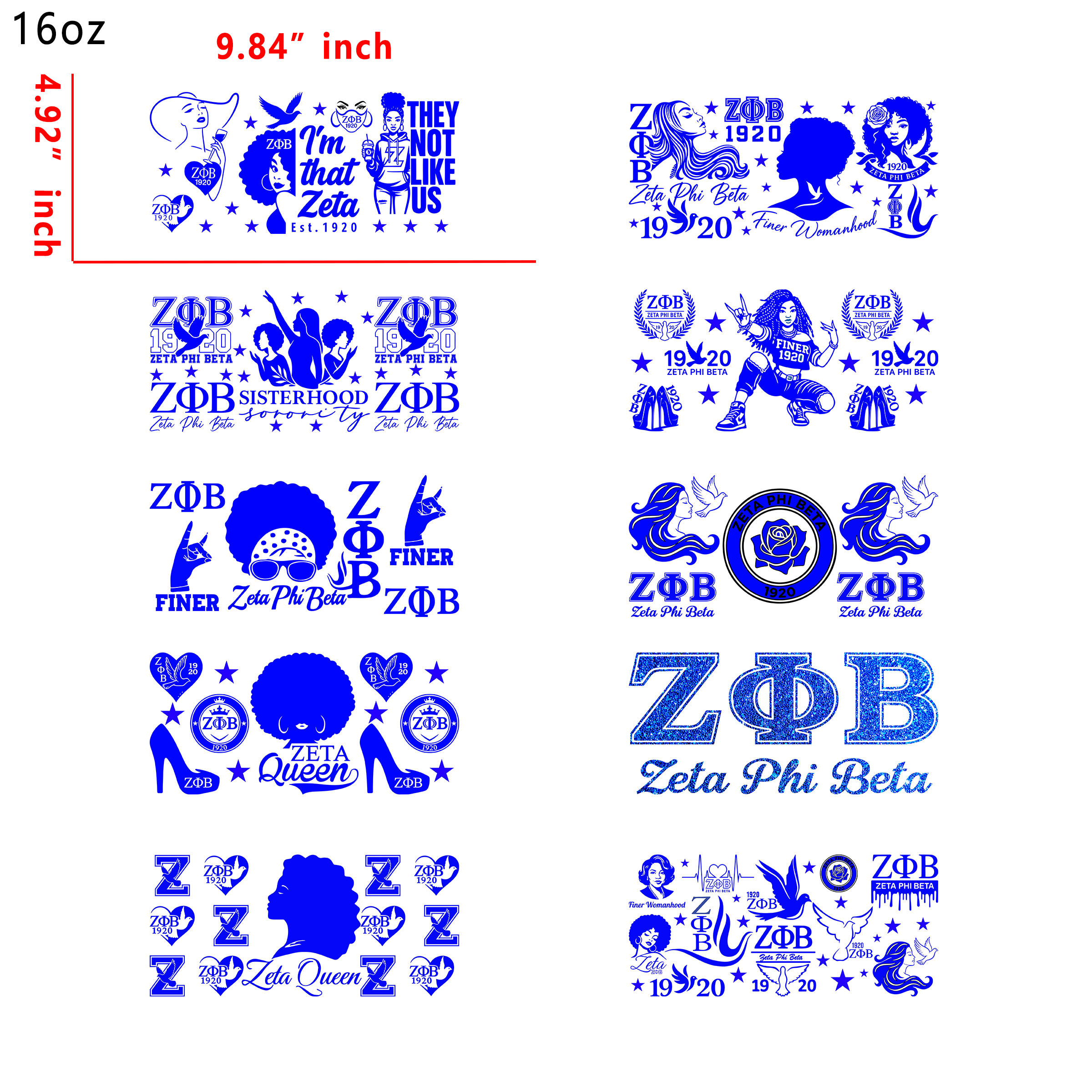 (K65) 10pcs Zeta Sorority 16OZ Tumbler Cup Wraps, Waterproof Fade-Resistant Decal Stickers, Vivid HD Print with Strong Adhesion, Customizable Transfers for Glass Cups, Mugs & Smooth Surfaces, DIY Art Craft Supplies