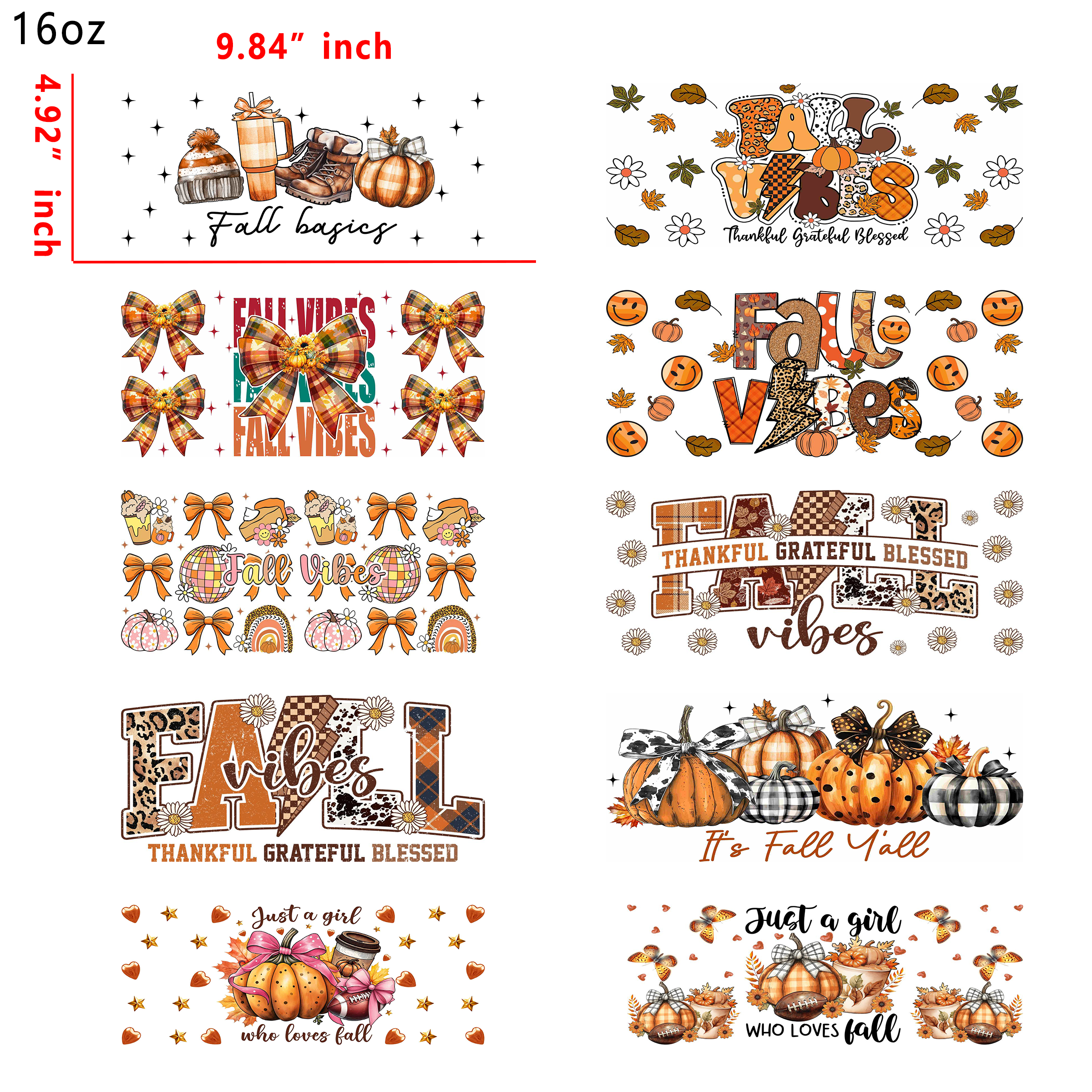 (L55) 10pcs fall vibes 16OZ Tumbler Cup Wraps, Waterproof Fade-Resistant Decal Stickers, Vivid HD Print with Strong Adhesion, Customizable Transfers for Glass Cups, Mugs & Smooth Surfaces, DIY Art Craft Supplies