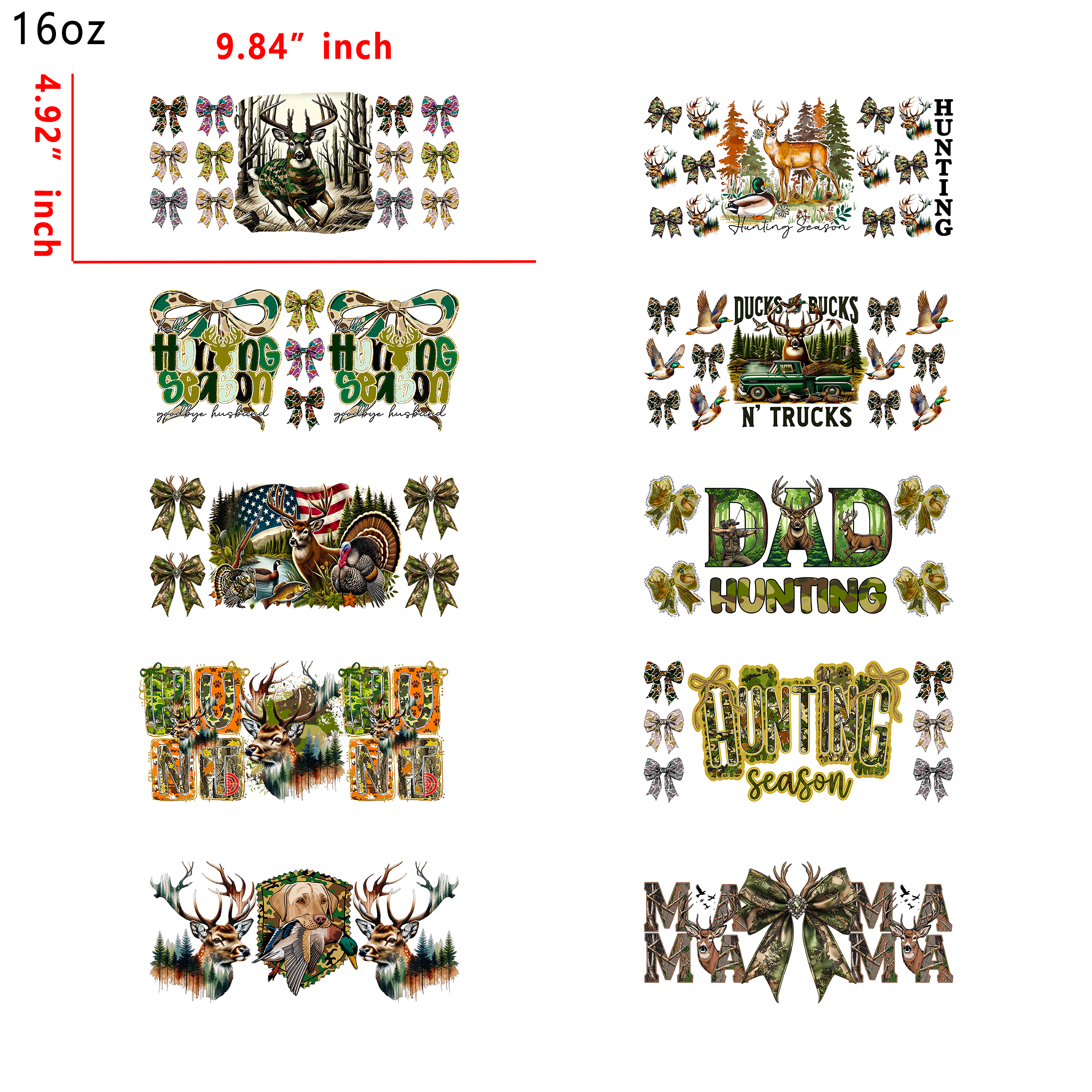(M10) 10pcs hunting 16OZ Tumbler Cup Wraps, Waterproof Fade-Resistant Decal Stickers, Vivid HD Print with Strong Adhesion, Customizable Transfers for Glass Cups, Mugs & Smooth Surfaces, DIY Art Craft Supplies