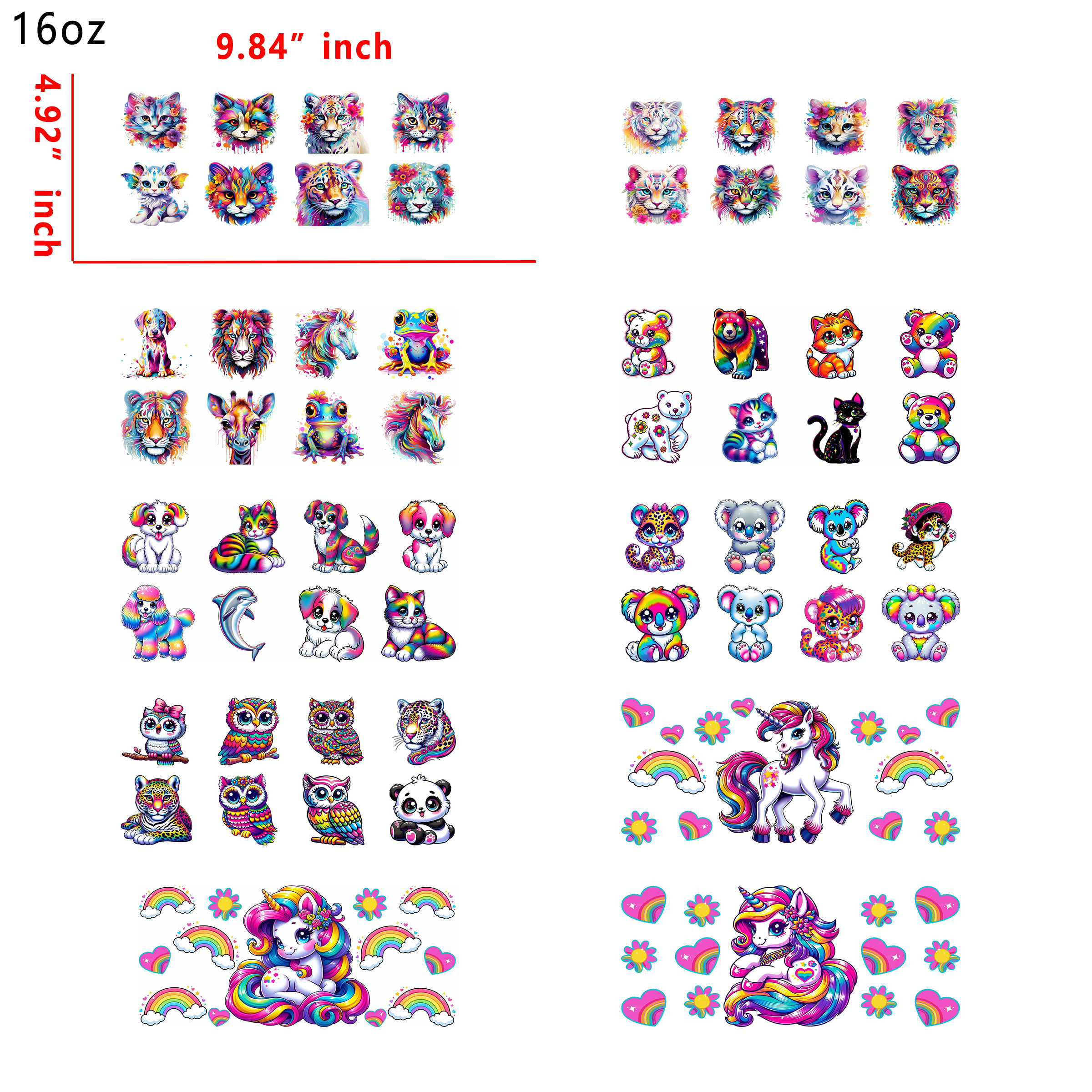 (M51) 10pcs lisa frank 16OZ Tumbler Cup Wraps, Waterproof Fade-Resistant Decal Stickers, Vivid HD Print with Strong Adhesion, Customizable Transfers for Glass Cups, Mugs & Smooth Surfaces, DIY Art Craft Supplies