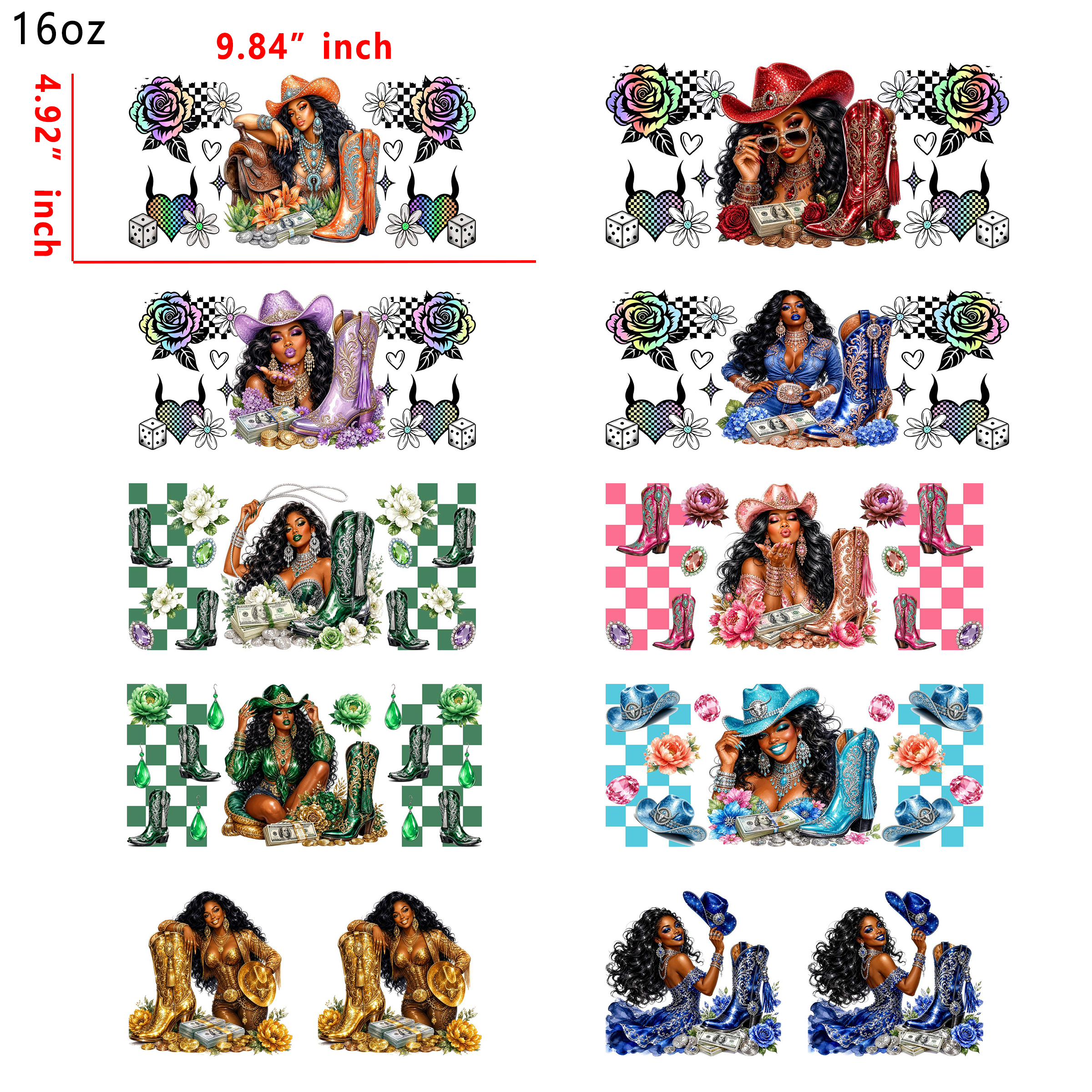 (T5) 20pcs western girl 16OZ Tumbler Cup Wraps, Waterproof Fade-Resistant Decal Stickers, Vivid HD Print with Strong Adhesion, Customizable Transfers for Glass Cups, Mugs & Smooth Surfaces, DIY Art Craft Supplies