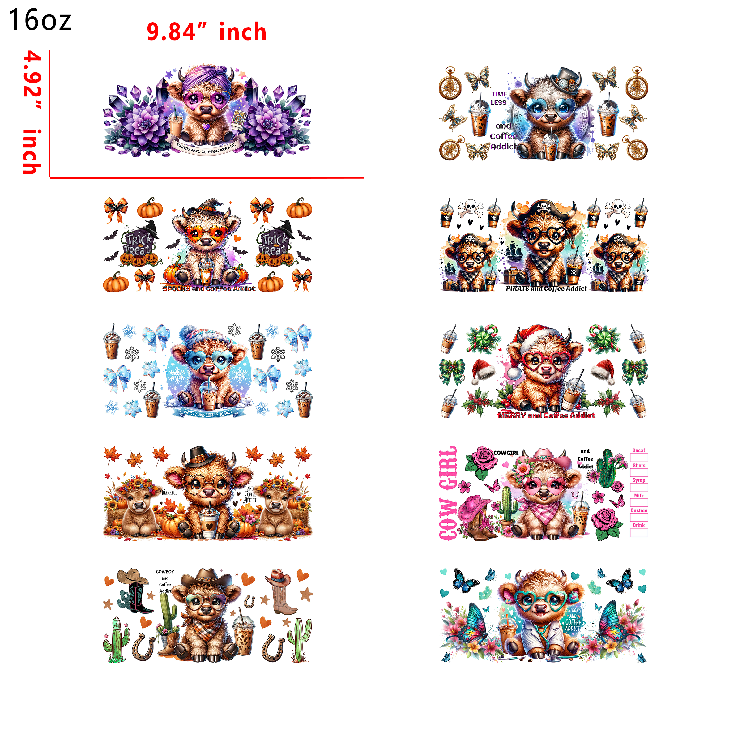 (U28) 10pcs cow 16OZ Tumbler Cup Wraps, Waterproof Fade-Resistant Decal Stickers, Vivid HD Print with Strong Adhesion, Customizable Transfers for Glass Cups, Mugs & Smooth Surfaces, DIY Art Craft Supplies