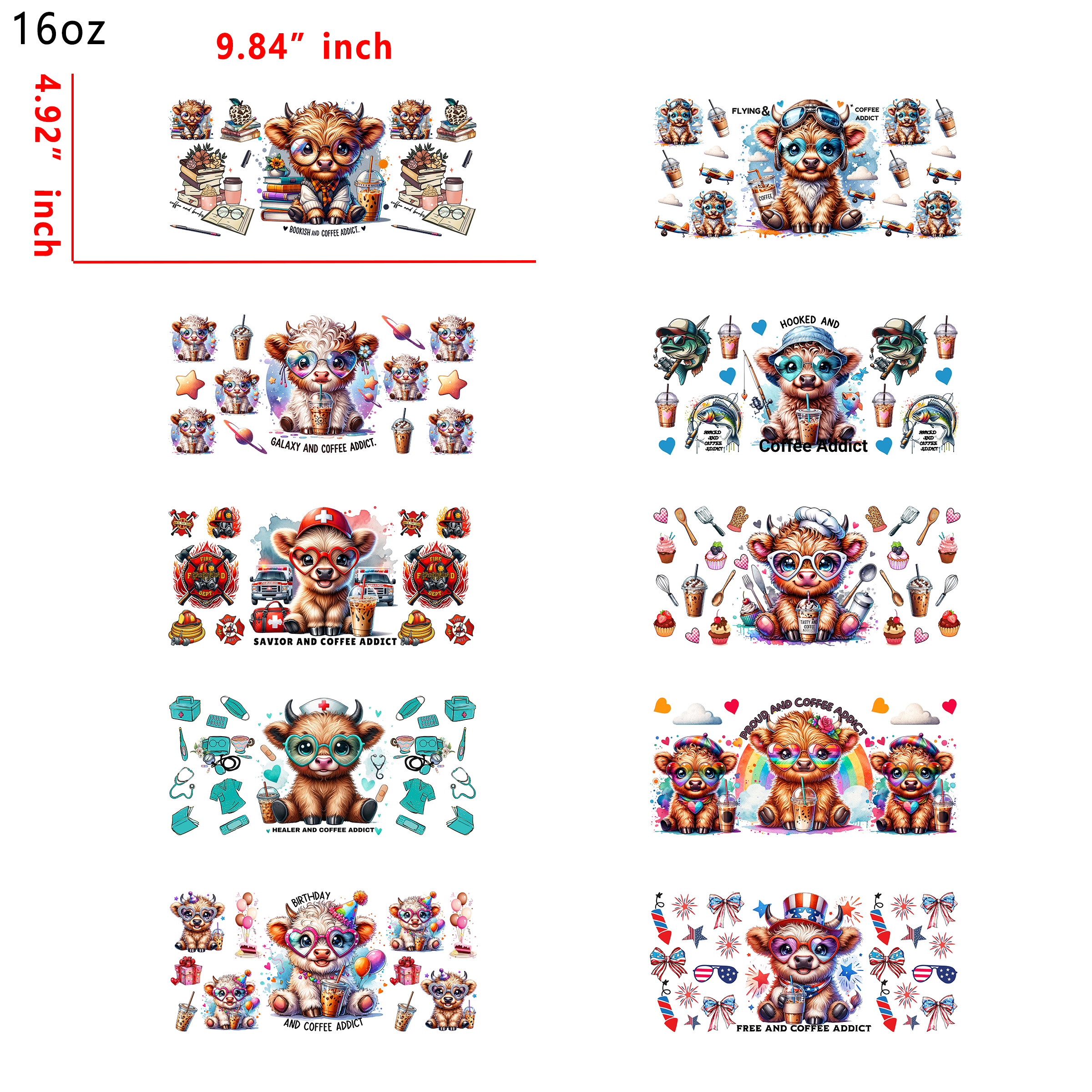 (U28) 20pcs cow 16OZ Tumbler Cup Wraps, Waterproof Fade-Resistant Decal Stickers, Vivid HD Print with Strong Adhesion, Customizable Transfers for Glass Cups, Mugs & Smooth Surfaces, DIY Art Craft Supplies