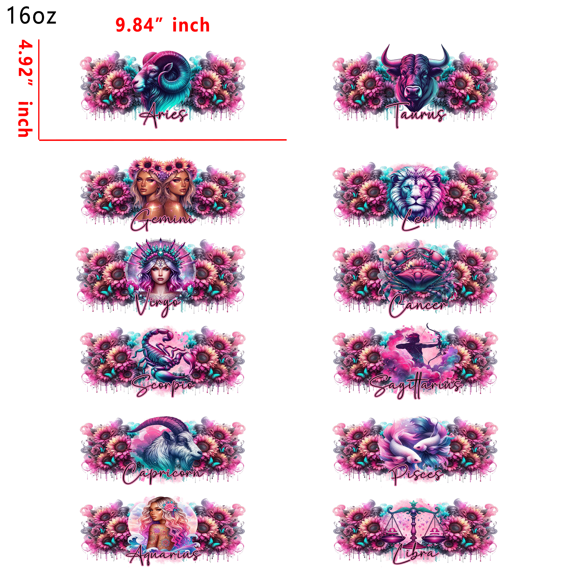 (U35) 10pcs zodiac sign 16OZ Tumbler Cup Wraps, Waterproof Fade-Resistant Decal Stickers, Vivid HD Print with Strong Adhesion, Customizable Transfers for Glass Cups, Mugs & Smooth Surfaces, DIY Art Craft Supplies