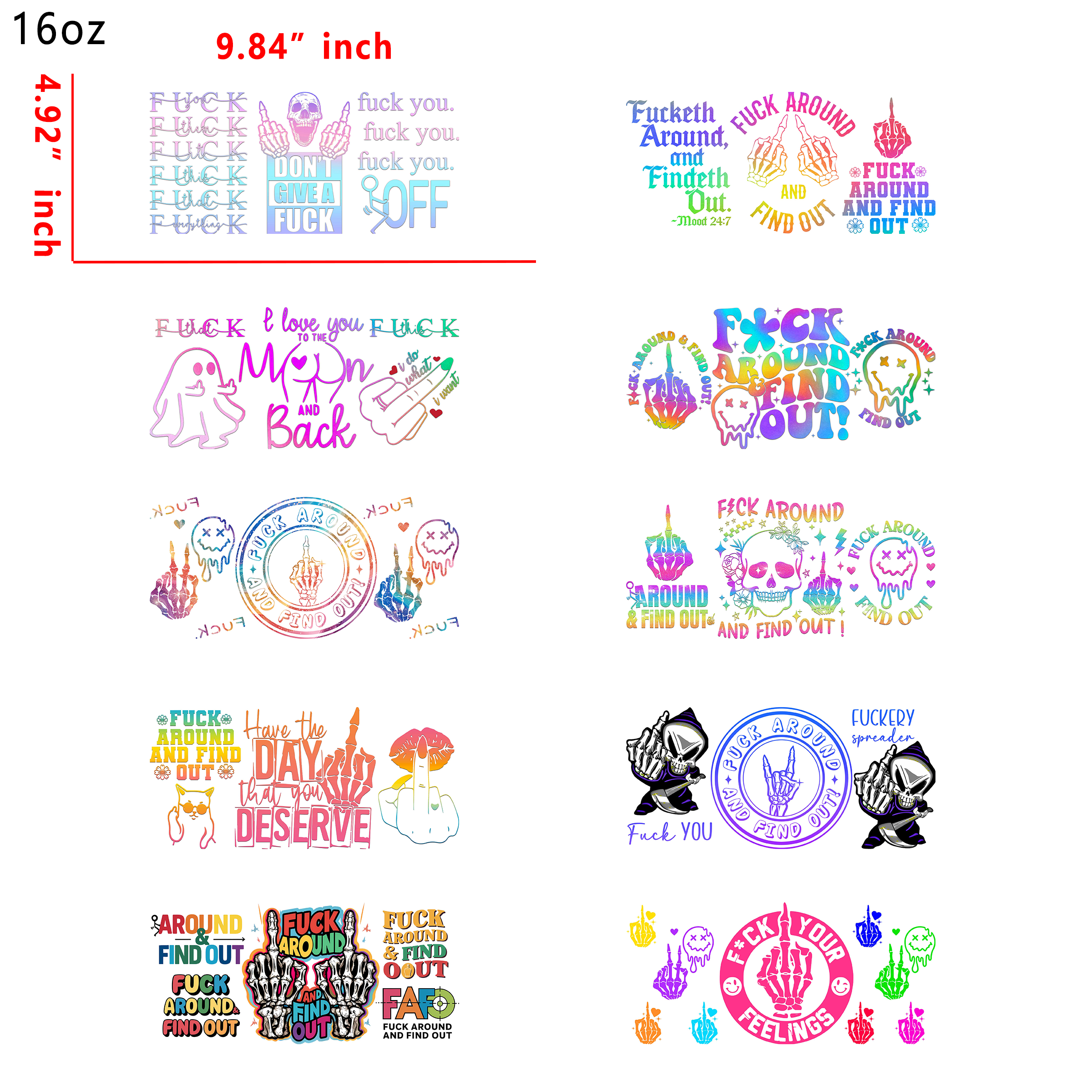 (U37) 10pcs MIDDLE FINGER 16OZ Tumbler Cup Wraps, Waterproof Fade-Resistant Decal Stickers, Vivid HD Print with Strong Adhesion, Customizable Transfers for Glass Cups, Mugs & Smooth Surfaces, DIY Art Craft Supplies