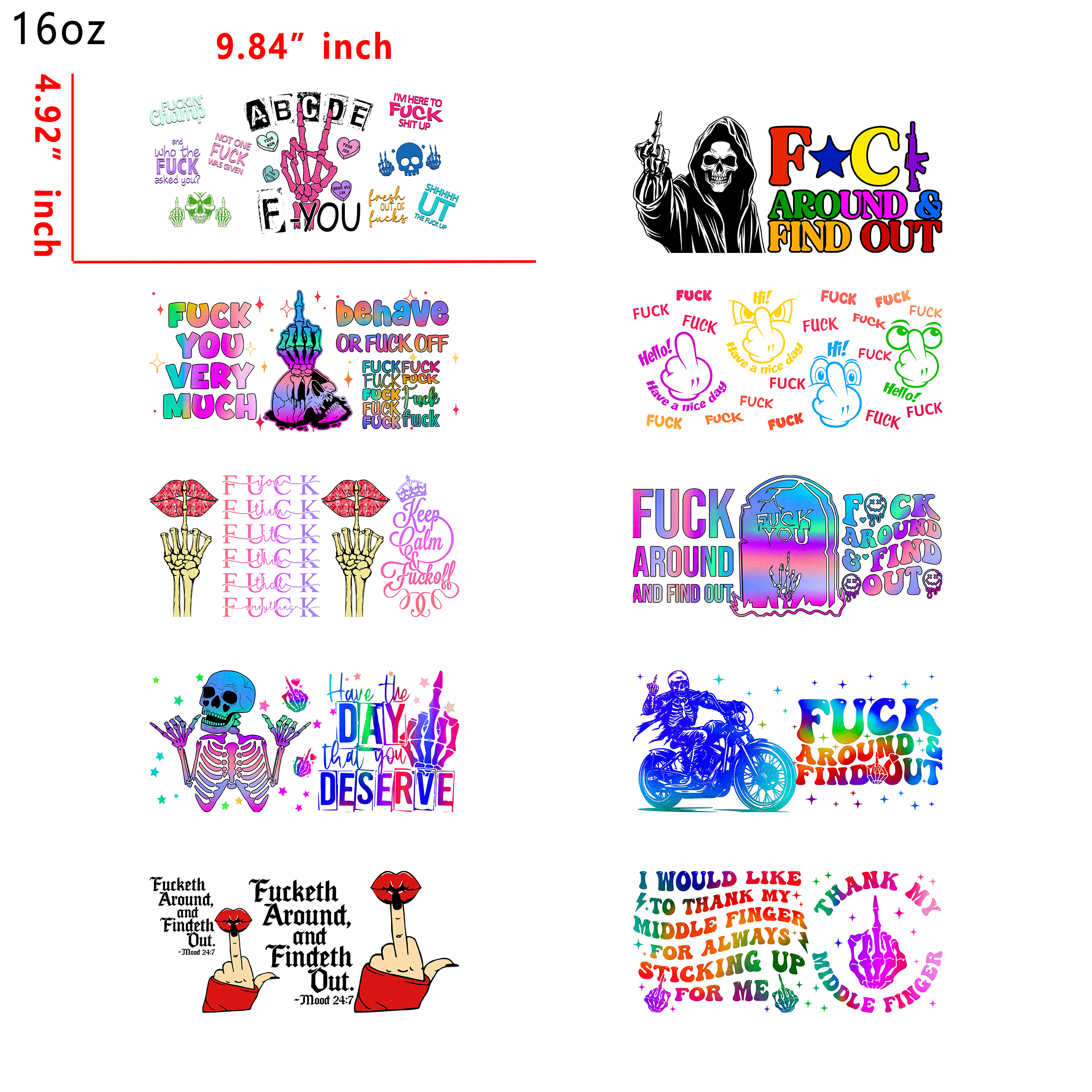 (U37) 20pcs MIDDLE FINGER 16OZ Tumbler Cup Wraps, Waterproof Fade-Resistant Decal Stickers, Vivid HD Print with Strong Adhesion, Customizable Transfers for Glass Cups, Mugs & Smooth Surfaces, DIY Art Craft Supplies