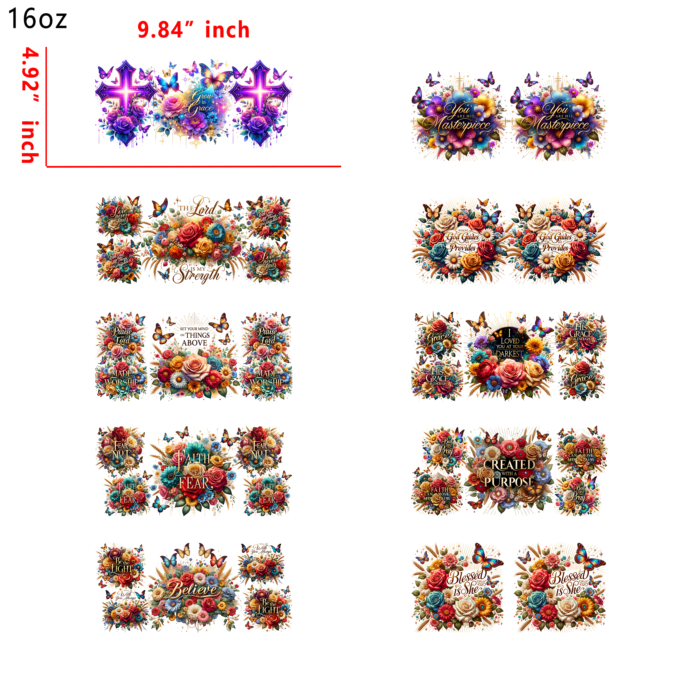 (U44) 20pcs faith 16OZ Tumbler Cup Wraps, Waterproof Fade-Resistant Decal Stickers, Vivid HD Print with Strong Adhesion, Customizable Transfers for Glass Cups, Mugs & Smooth Surfaces, DIY Art Craft Supplies
