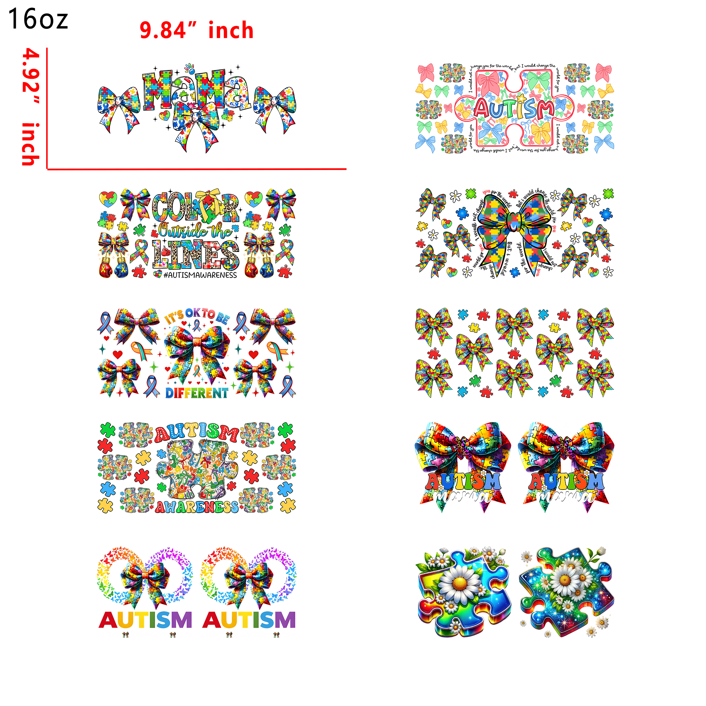 (X36) 20pcs cancer autism awareness 16OZ Tumbler Cup Wraps, Waterproof Fade-Resistant Decal Stickers, Vivid HD Print with Strong Adhesion, Customizable Transfers for Glass Cups, Mugs & Smooth Surfaces, DIY Art Craft Supplies