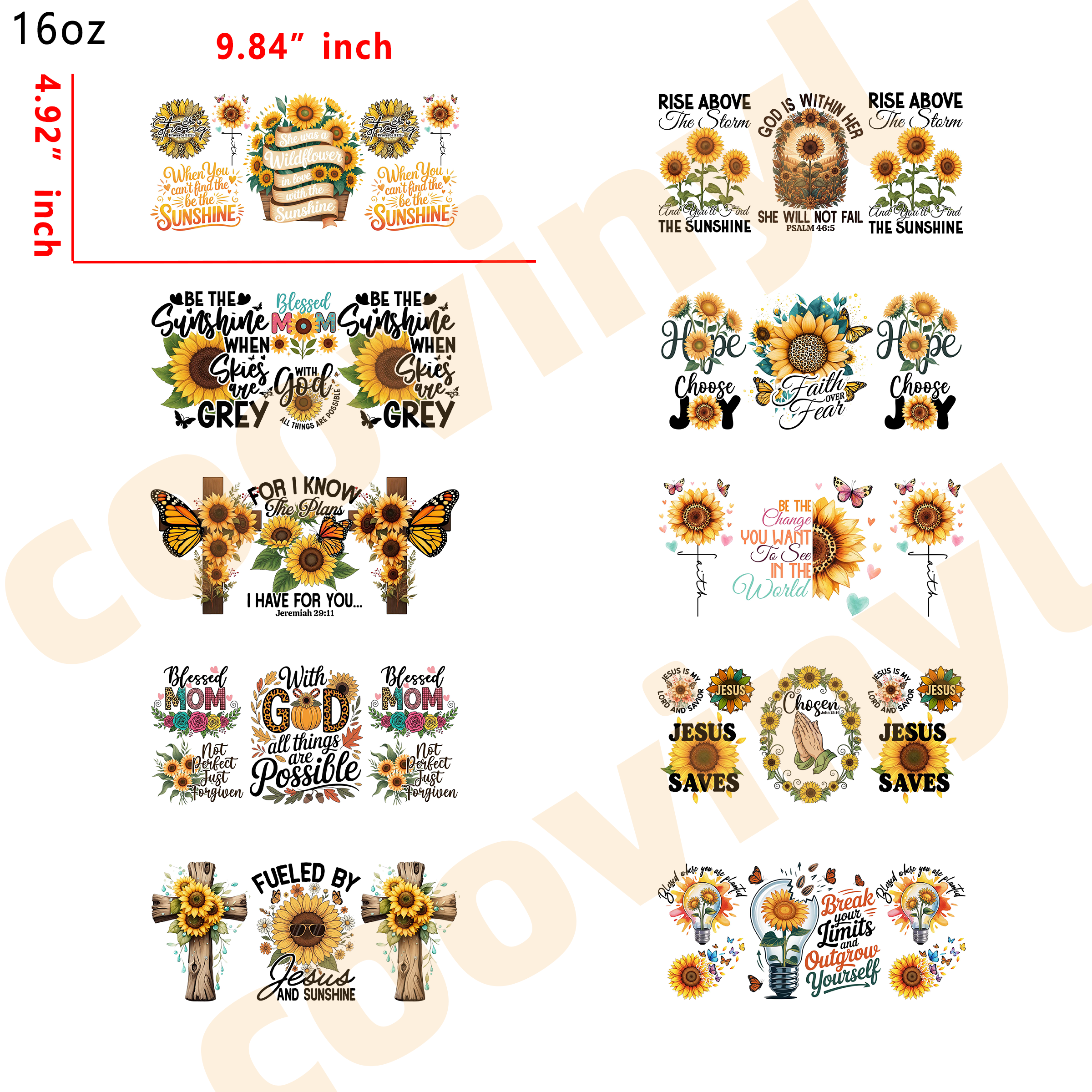 (T55) 20pcs sunflower 16OZ Tumbler Cup Wraps, Waterproof Fade-Resistant Decal Stickers, Vivid HD Print with Strong Adhesion, Customizable Transfers for Glass Cups, Mugs & Smooth Surfaces, DIY Art Craft Supplies