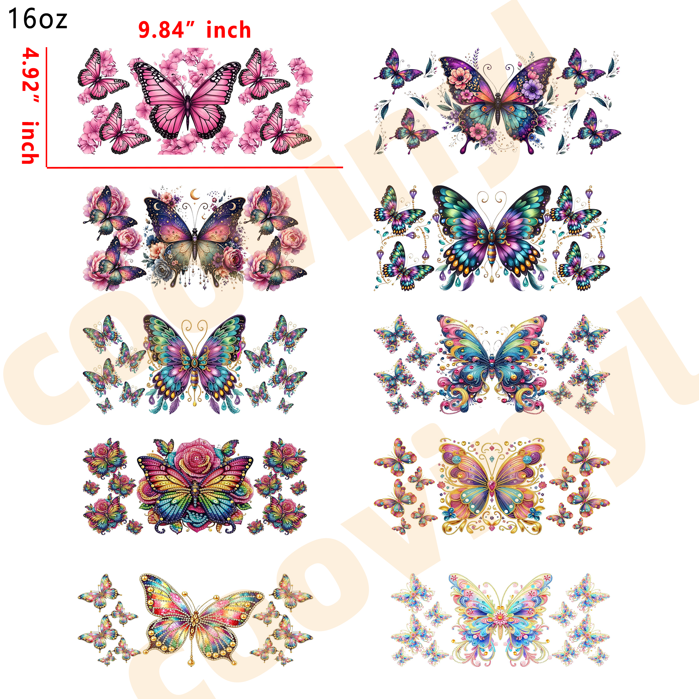 (K56) 10pcs butterfly 16OZ Tumbler Cup Wraps, Waterproof Fade-Resistant Decal Stickers, Vivid HD Print with Strong Adhesion, Customizable Transfers for Glass Cups, Mugs & Smooth Surfaces, DIY Art Craft Supplies