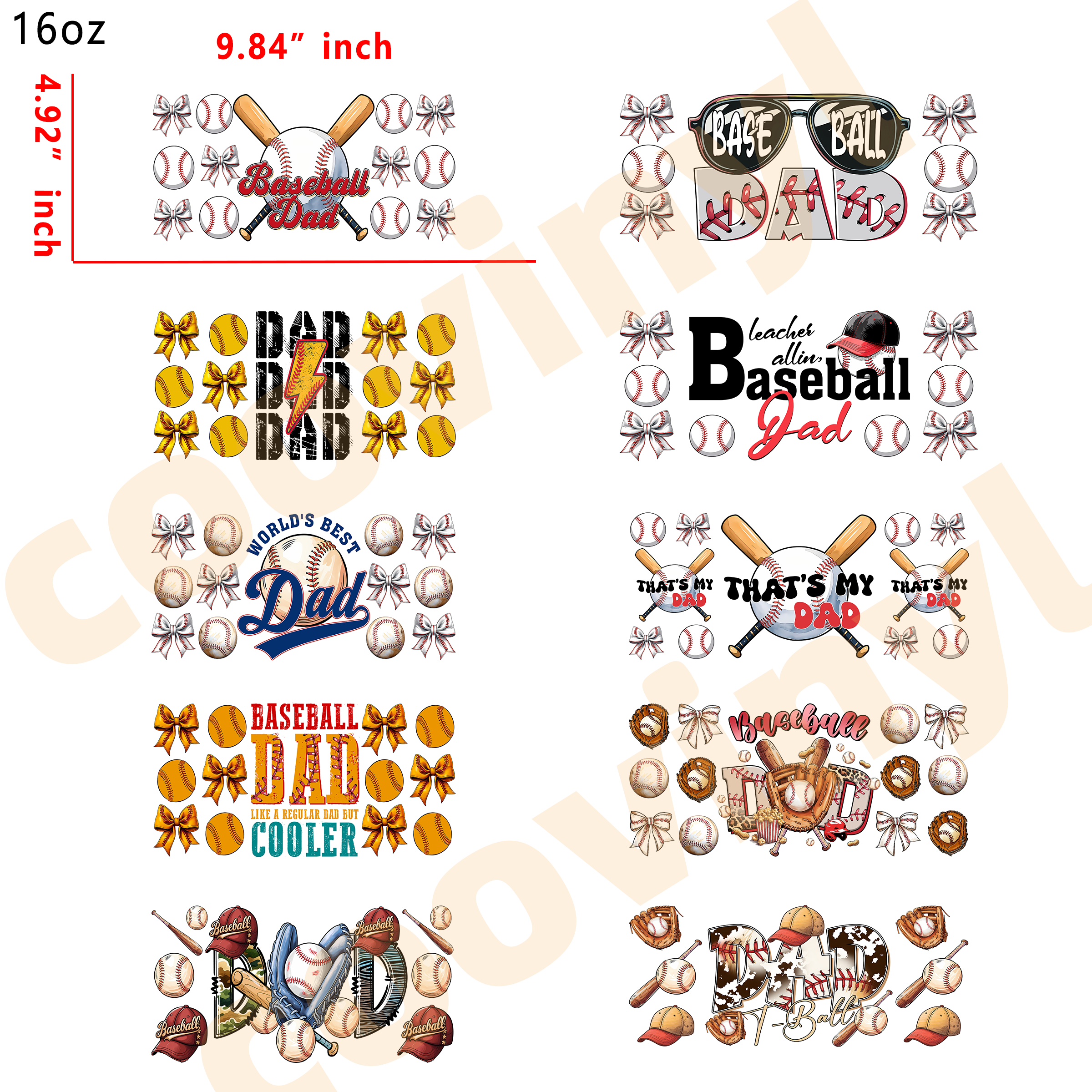 (K96) 10pcs baseball dad16OZ Tumbler Cup Wraps, Waterproof Fade-Resistant Decal Stickers, Vivid HD Print with Strong Adhesion, Customizable Transfers for Glass Cups, Mugs & Smooth Surfaces, DIY Art Craft Supplies