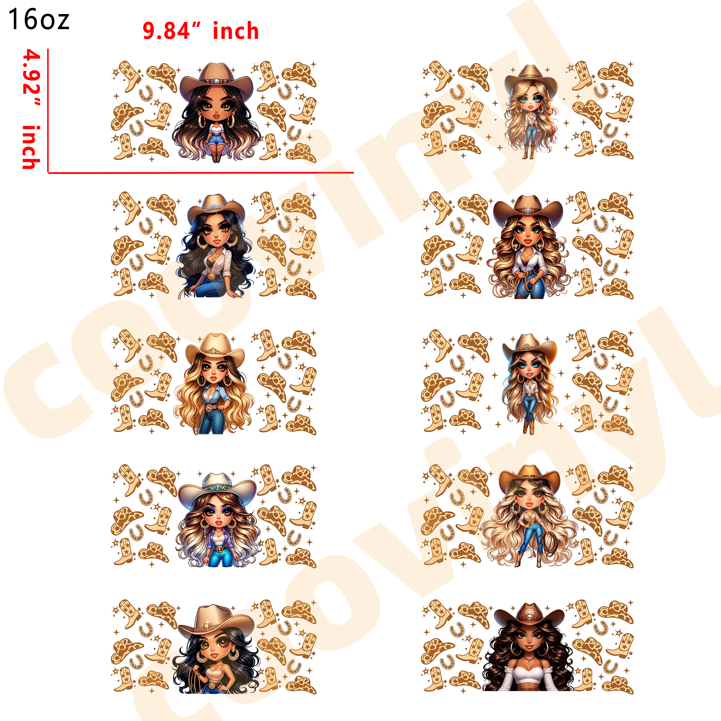 (M37) 10pcs cowgirl 16OZ Tumbler Cup Wraps, Waterproof Fade-Resistant Decal Stickers, Vivid HD Print with Strong Adhesion, Customizable Transfers for Glass Cups, Mugs & Smooth Surfaces, DIY Art Craft Supplies