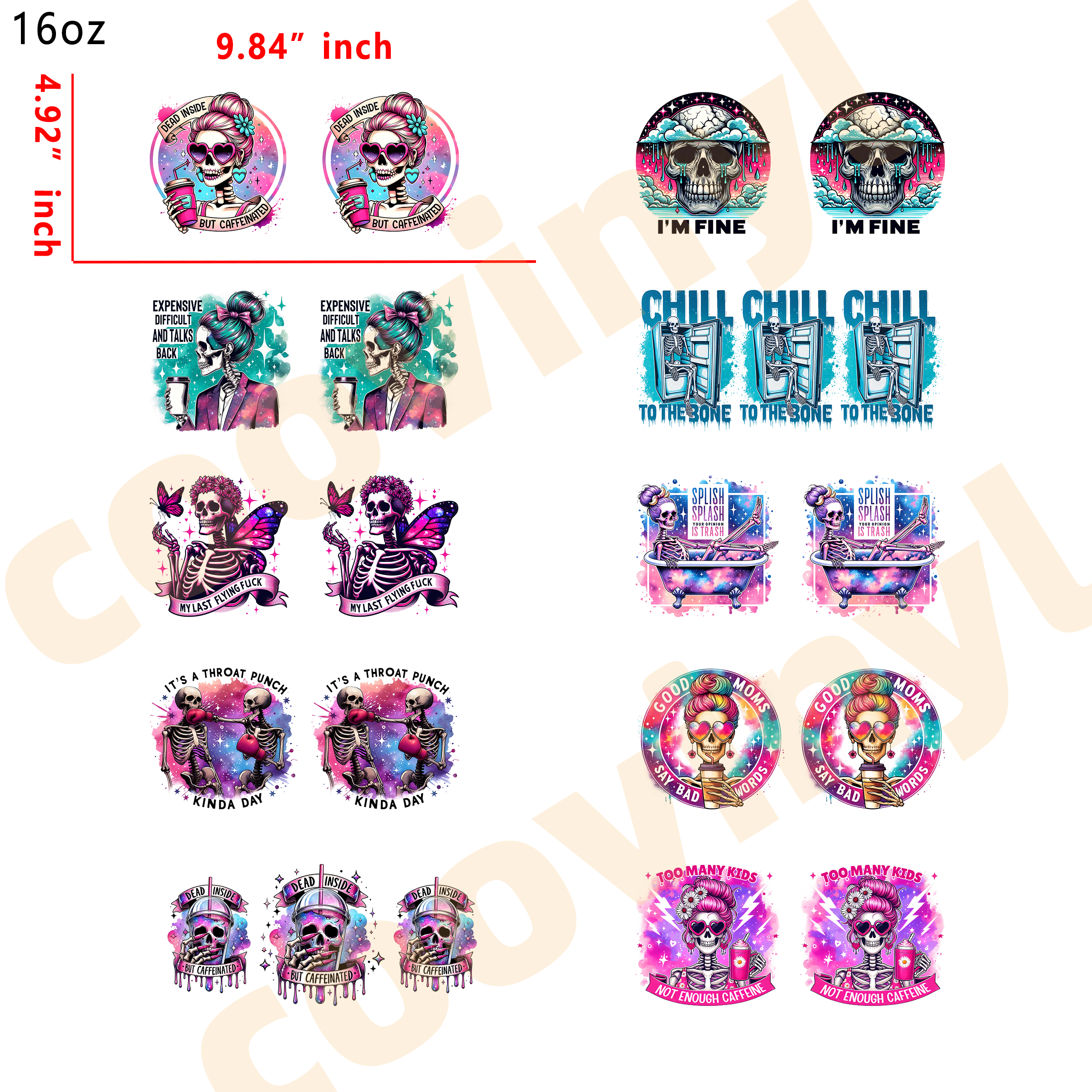 (T45) 10pcs skeleton 16OZ Tumbler Cup Wraps, Waterproof Fade-Resistant Decal Stickers, Vivid HD Print with Strong Adhesion, Customizable Transfers for Glass Cups, Mugs & Smooth Surfaces, DIY Art Craft Supplies