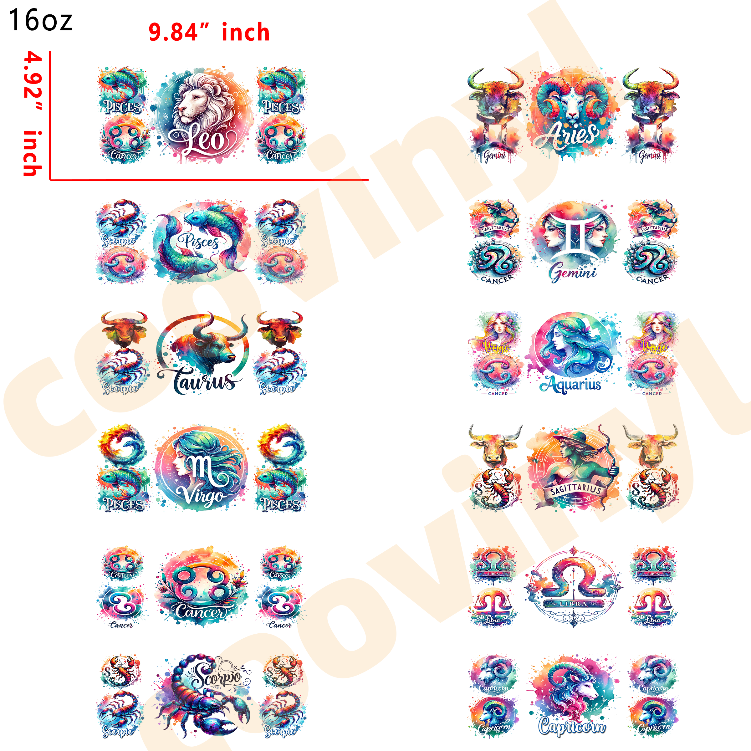 (U53) 12pcs zodiac sign 16OZ Tumbler Cup Wraps, Waterproof Fade-Resistant Decal Stickers, Vivid HD Print with Strong Adhesion, Customizable Transfers for Glass Cups, Mugs & Smooth Surfaces, DIY Art Craft Supplies