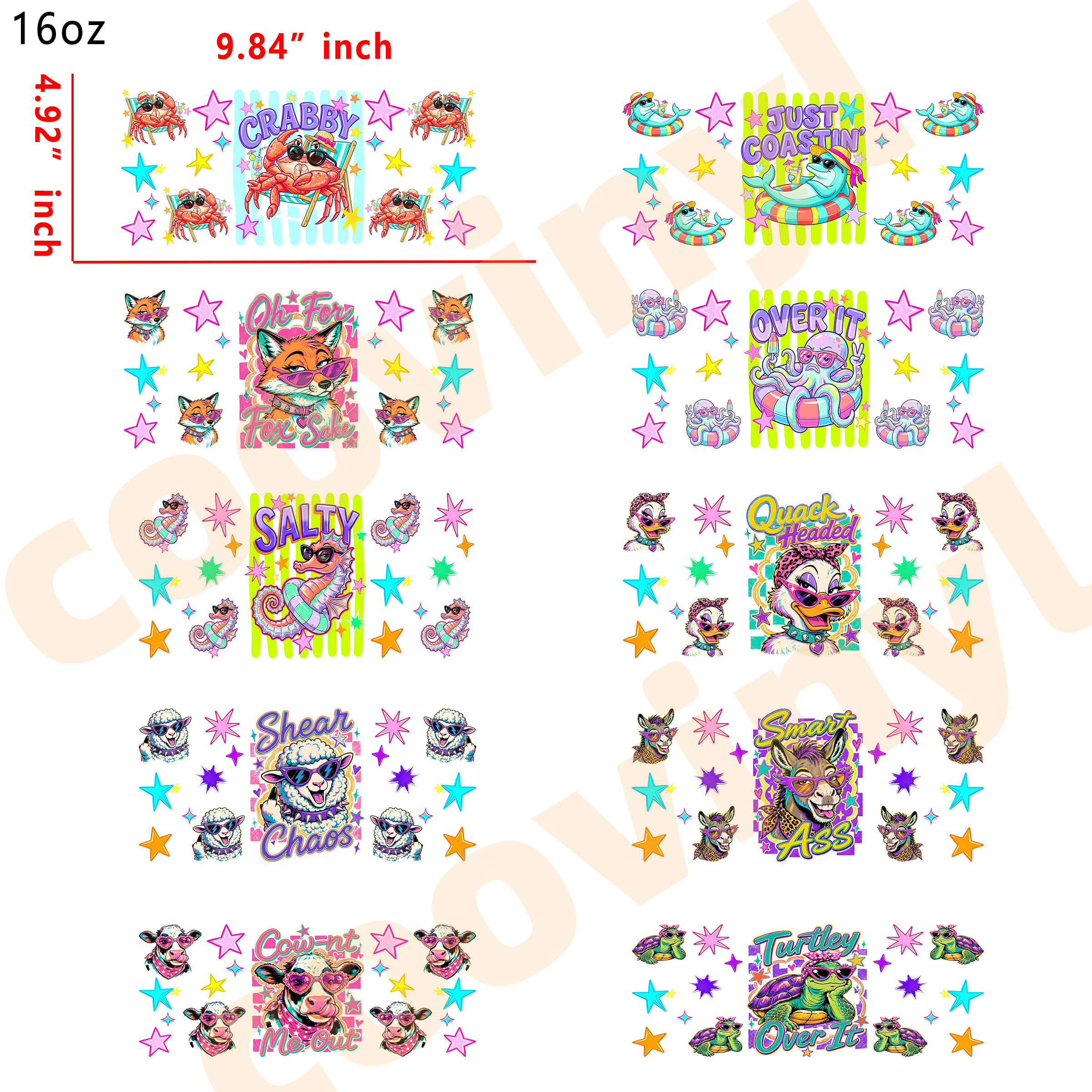 (K75) 10pcs animal mix 16OZ Tumbler Cup Wraps, Waterproof Fade-Resistant Decal Stickers, Vivid HD Print with Strong Adhesion, Customizable Transfers for Glass Cups, Mugs & Smooth Surfaces, DIY Art Craft Supplies