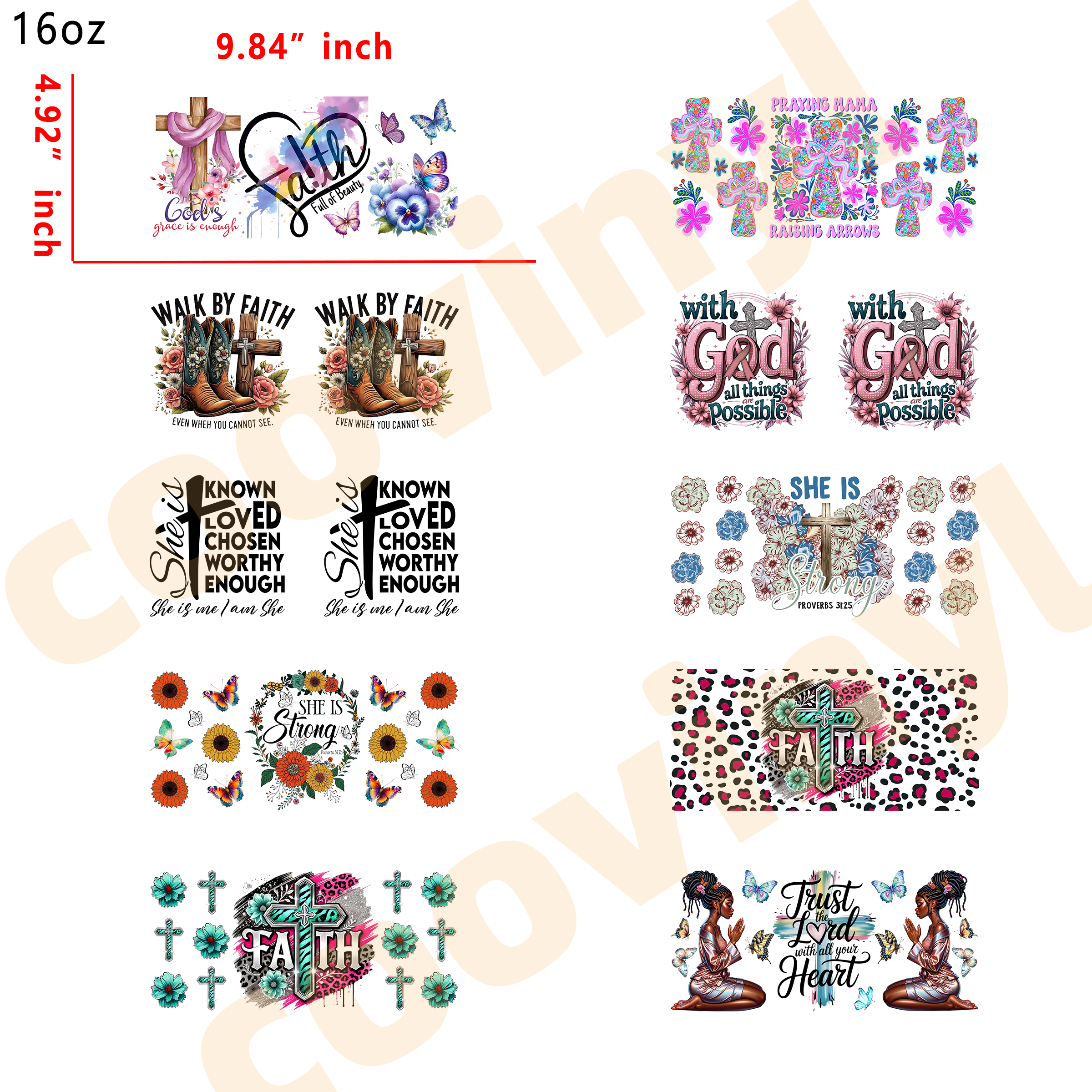 (L40) 10pcs faith 16OZ Tumbler Cup Wraps, Waterproof Fade-Resistant Decal Stickers, Vivid HD Print with Strong Adhesion, Customizable Transfers for Glass Cups, Mugs & Smooth Surfaces, DIY Art Craft Supplies