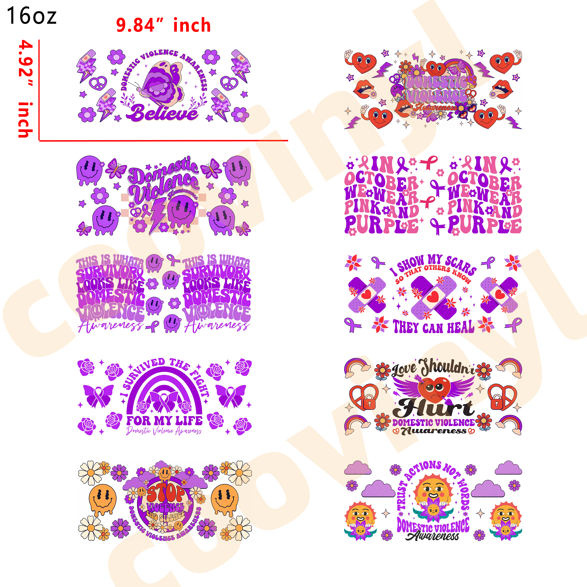 (L62) 10pcs domestic violence awareness 16OZ Tumbler Cup Wraps, Waterproof Fade-Resistant Decal Stickers, Vivid HD Print with Strong Adhesion, Customizable Transfers for Glass Cups, Mugs & Smooth Surfaces, DIY Art Craft Supplies