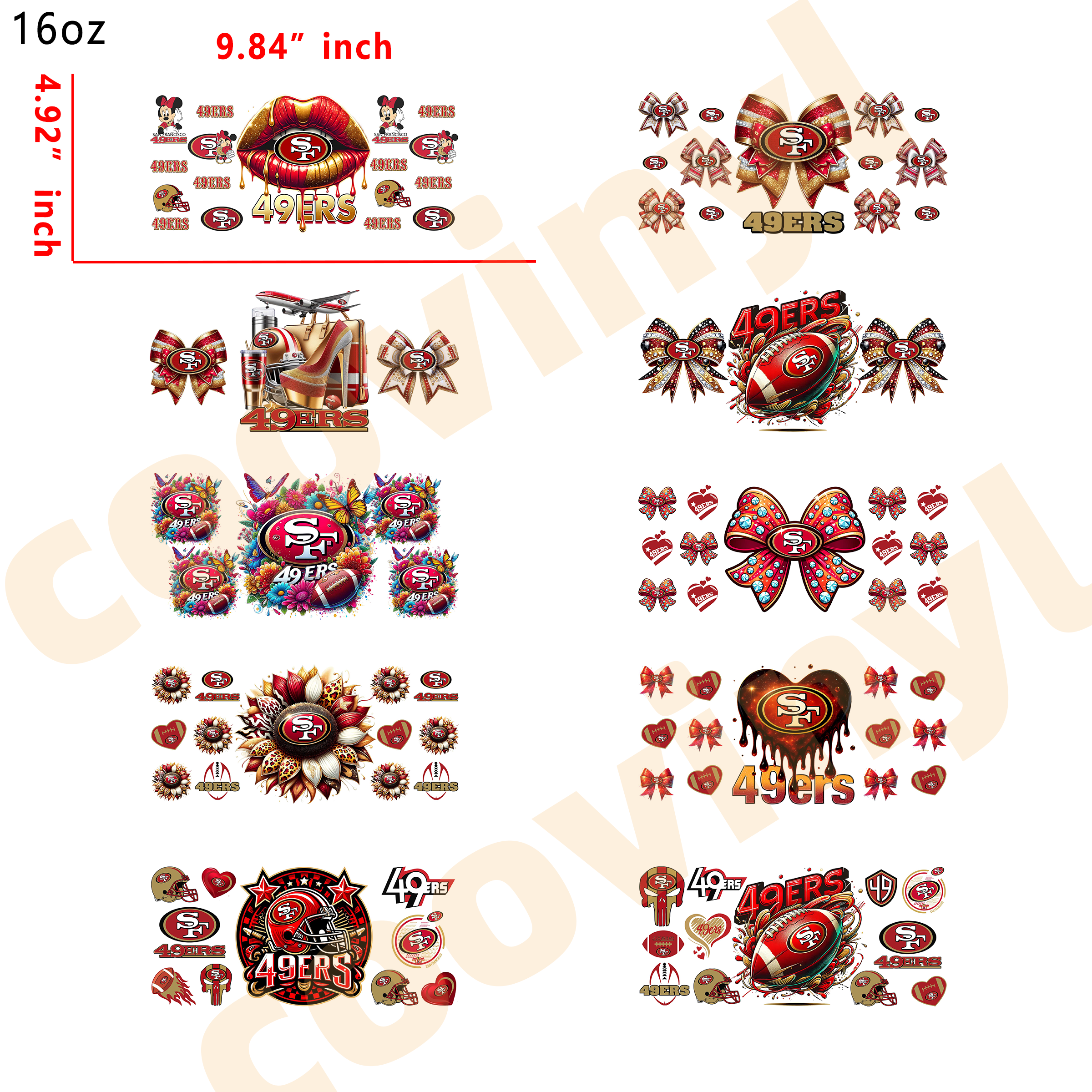 (K26) 10pcs San Francisco 49ers 16OZ Tumbler Cup Wraps, Waterproof Fade-Resistant Decal Stickers, Vivid HD Print with Strong Adhesion, Customizable Transfers for Glass Cups, Mugs & Smooth Surfaces, DIY Art Craft Supplies